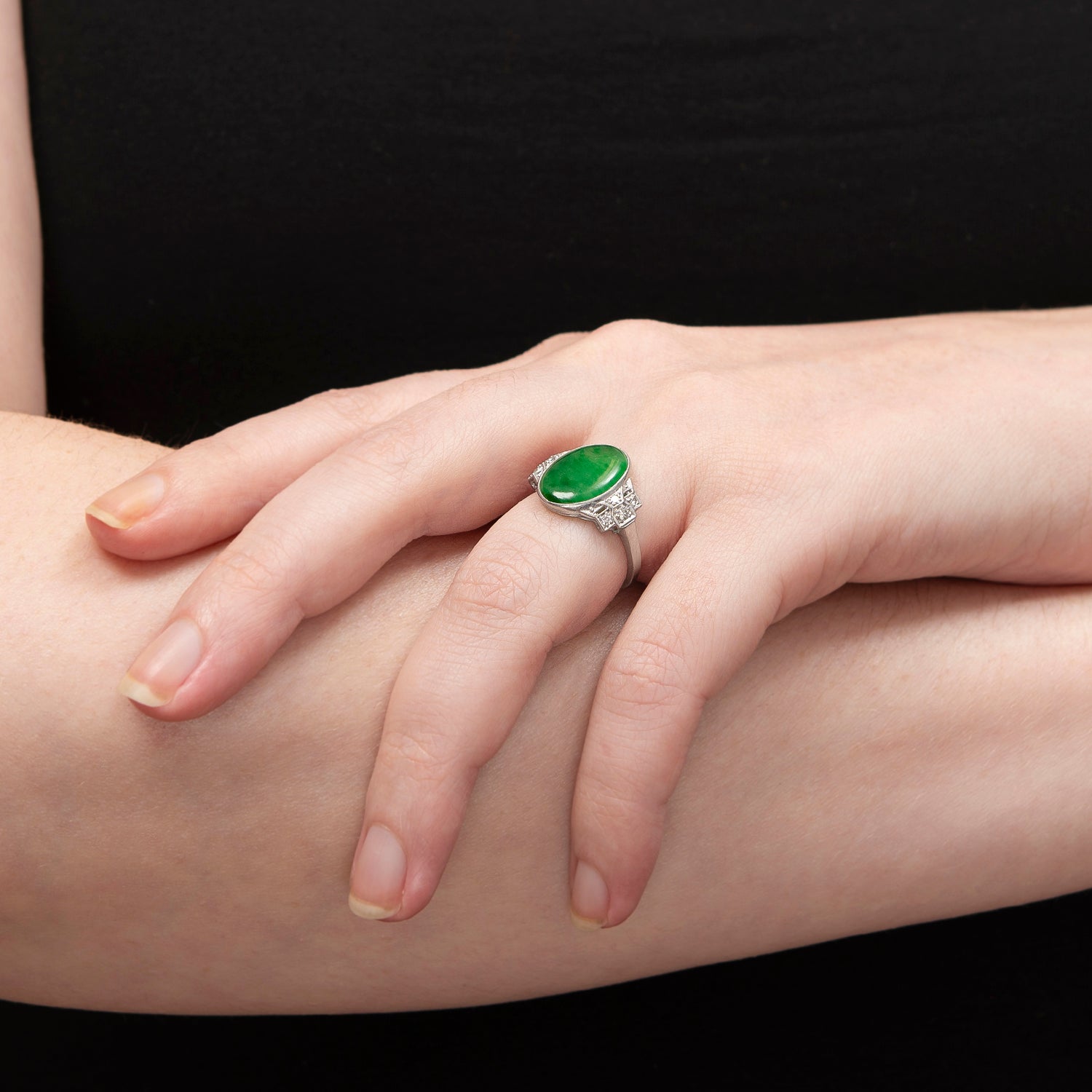 Antique Edwardian Platinum Jade and Diamond Ring - Vintage Jewelry for Weddings, Engagements & Special Occasions