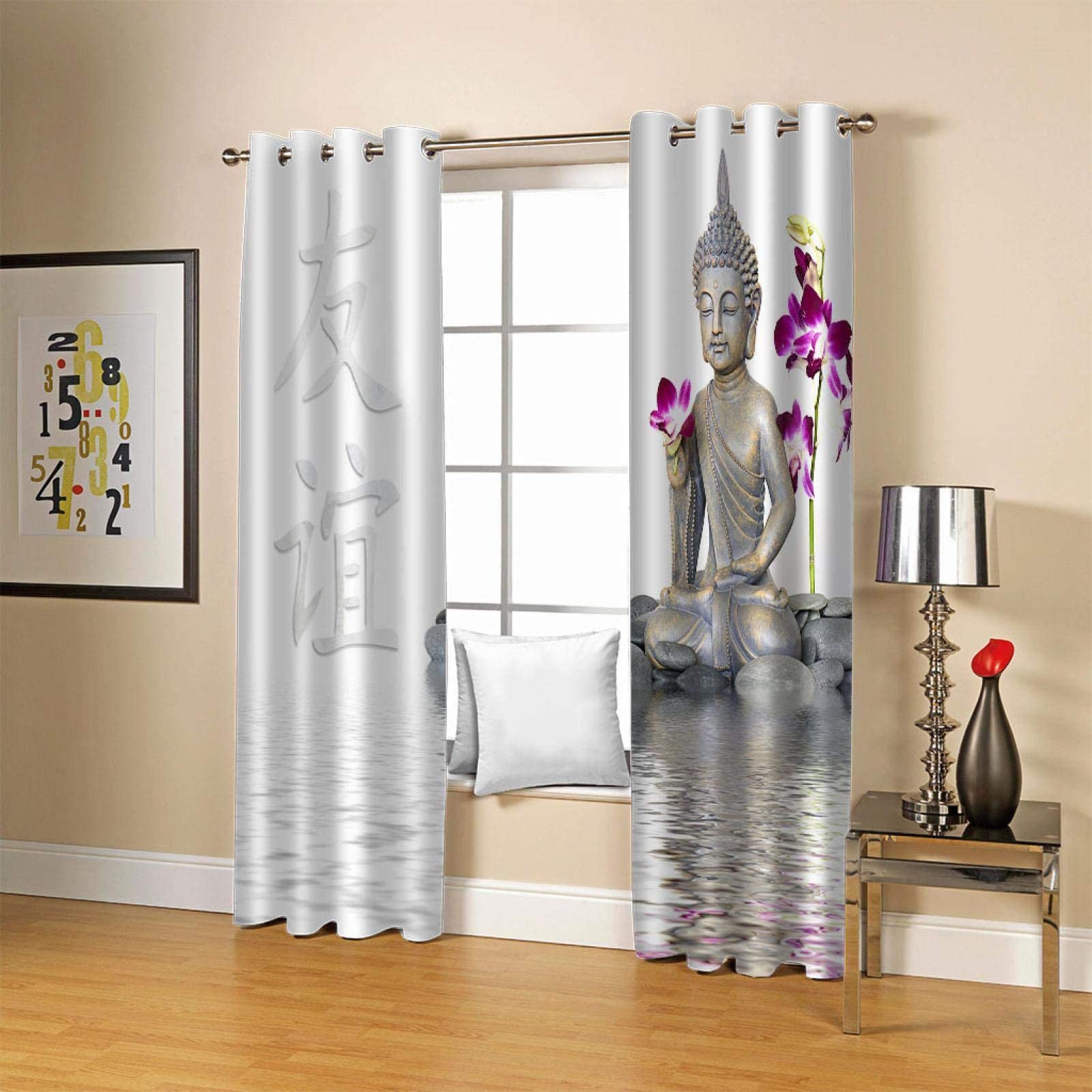 3D Printed Buddha Blackout Window Curtains - Thermal Insulated Grommet Panels (108