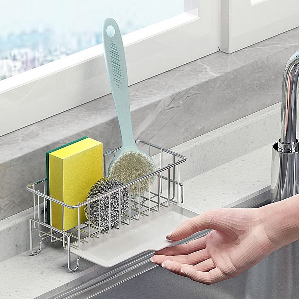 304 Stainless Steel Kitchen Sink Caddy Organizer with Drain Pan - Sponge & Soap Holder for Kitchen & Bathroom | Perfect for Organizing Cleaning Supplies by Sink (Silver)