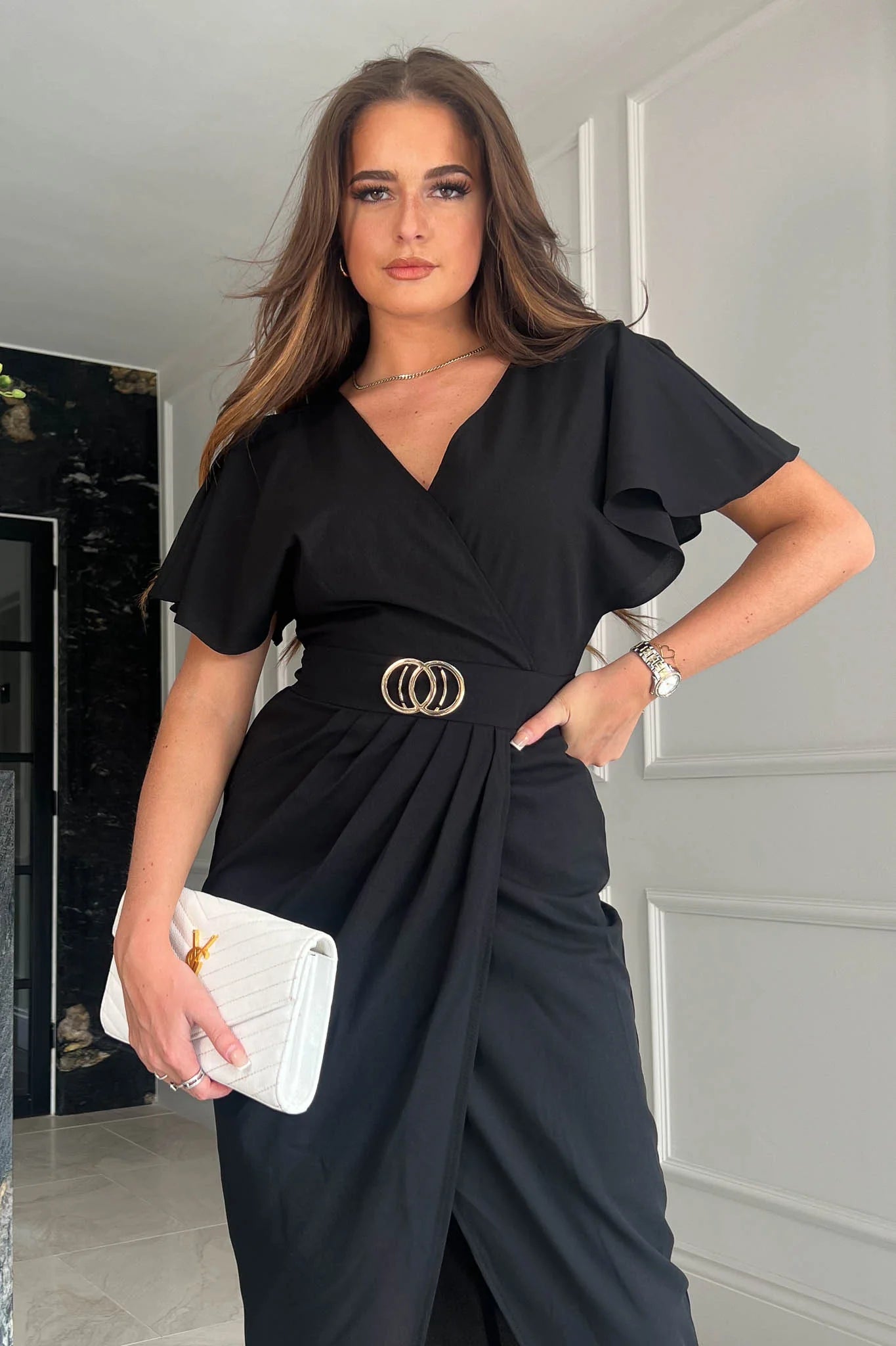 Aurora Buckle Detail Maxi Dress for Women - Elegant Black Long Dress with Adjustable Straps | Perfect for Weddings, Parties & Evening Events