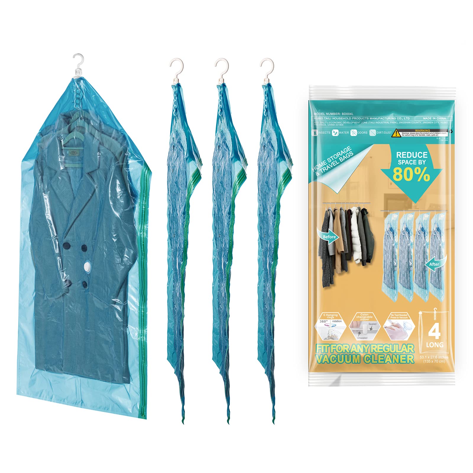 LEVERLOC Vacuum Storage Bags for Clothes - Space Saving Garment Organizer (4 Pack, Blue) - Perfect for Seasonal Clothing Storage, Travel & Small Closet Organization