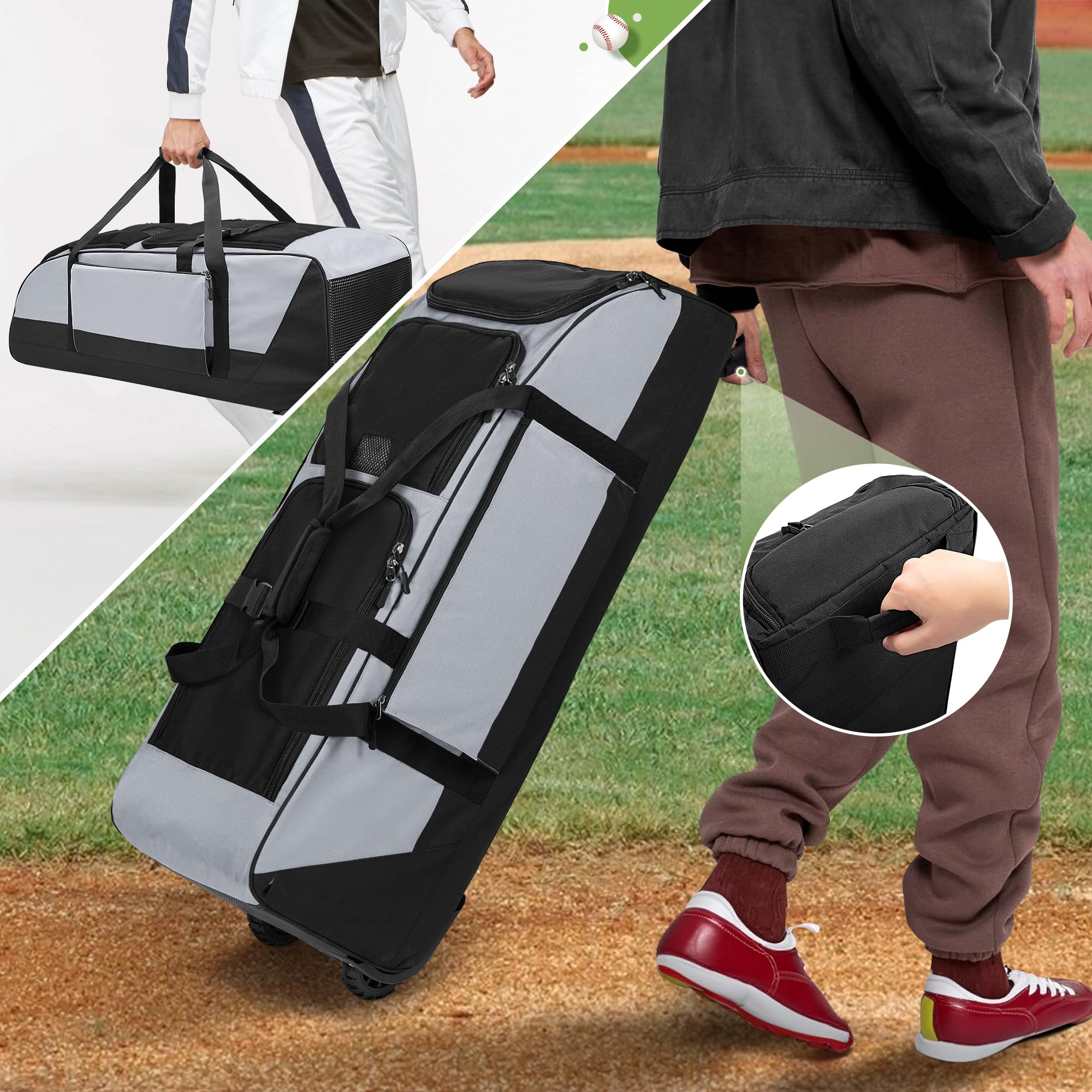 Best Rolling Baseball & Softball Bag with Wheels - Holds 4 Bats, Duffle Style with Separate Shoe Compartment & Multiple Pockets for Equipment Storage - Perfect for Travel & Practice - Gray