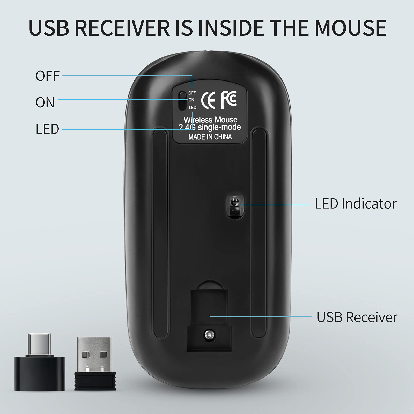 KBCASE Slim Silent Wireless Mouse - 2.4G Rechargeable LED Mouse for Laptop, MacBook, iPad, Chromebook with USB & Type-C Receiver - Perfect for Office, Home, and Travel Use