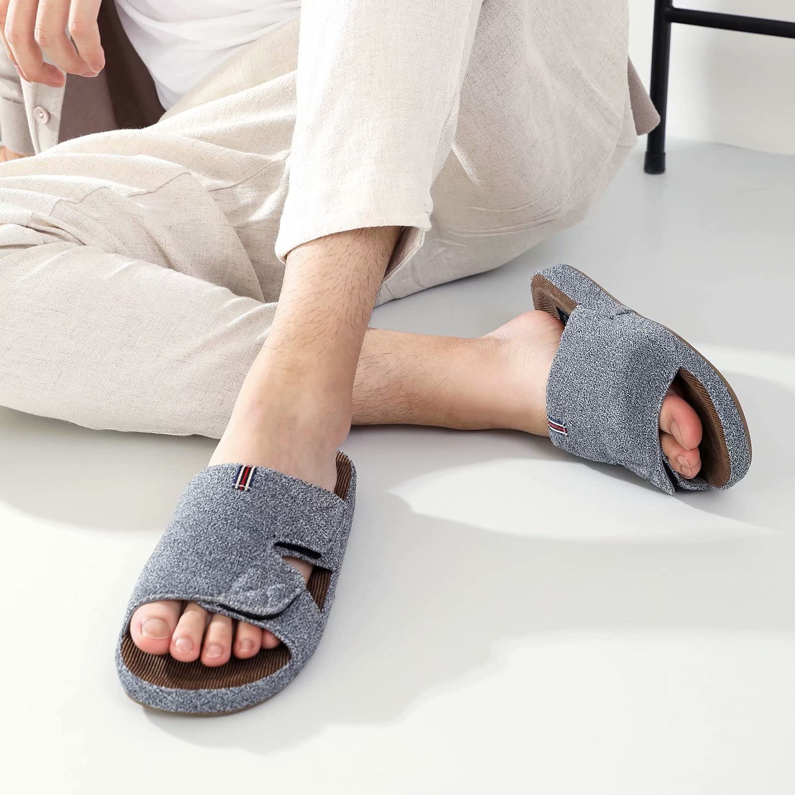 Men's Open Toe Slippers with Arch Support - Adjustable Cross Band House Shoes for Indoor & Outdoor Use - Non-Slip Comfort Slides for Home, Garden, and Poolside Relaxation