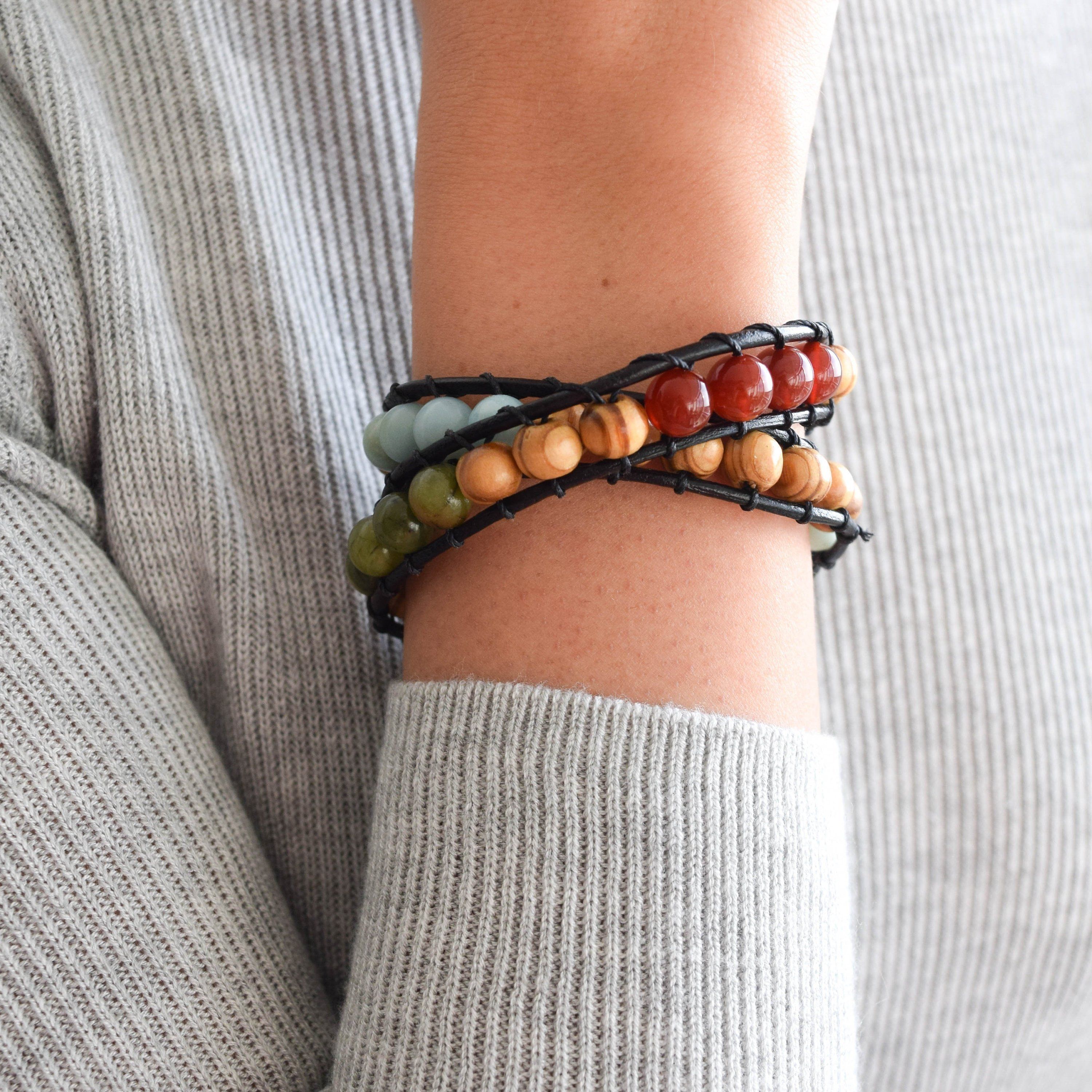 Stylish Mixed Crystal Wrap Bracelet with Natural Olive Wood Beads - Perfect for Boho Fashion, Yoga Accessories & Spiritual Healing Jewelry