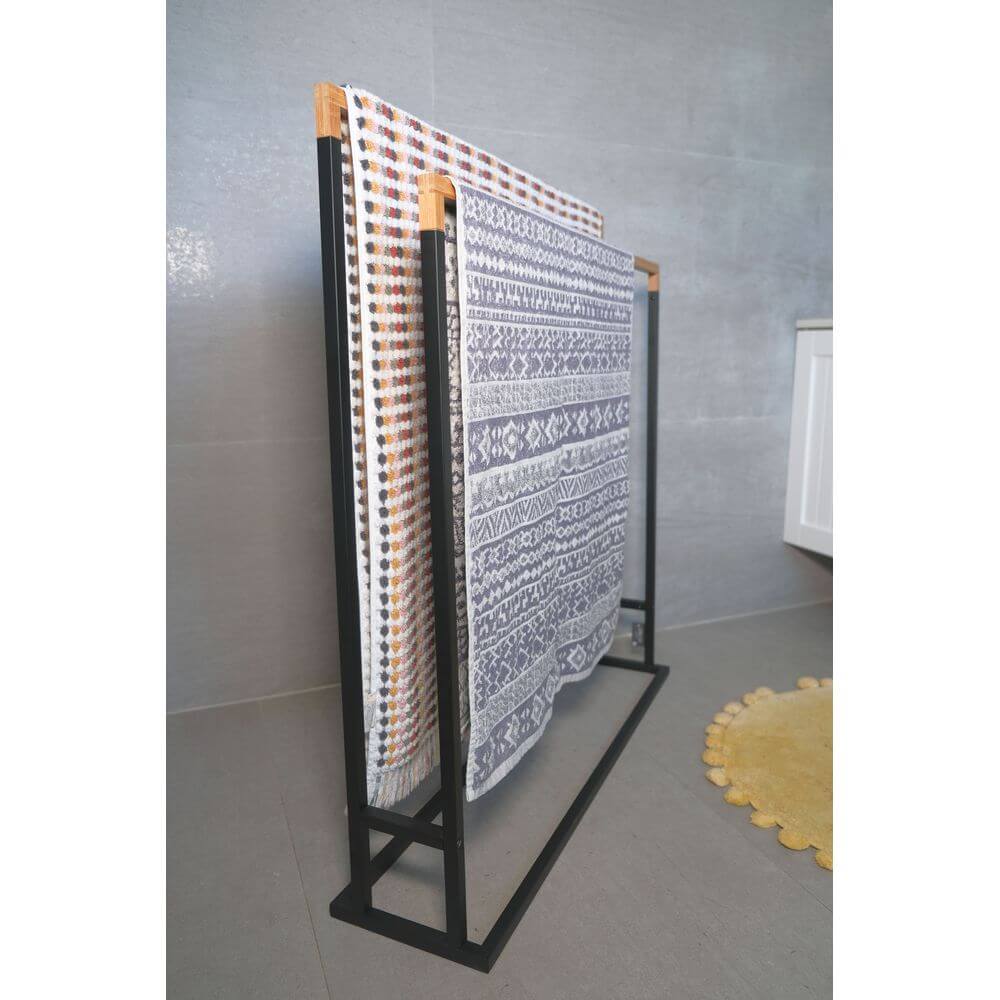 Limited Edition Bamboo and Matte Black Wide Towel Rack - Bathroom & Kitchen Storage Organizer for Sponges, Towels, and Utensils