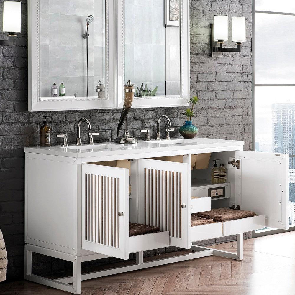 James Martin Vanities Athens Collection 60-Inch Double Bathroom Vanity in Glossy White with Solid Surface Countertop - Modern Bathroom Furniture for Master Bath & Guest Bath Remodeling