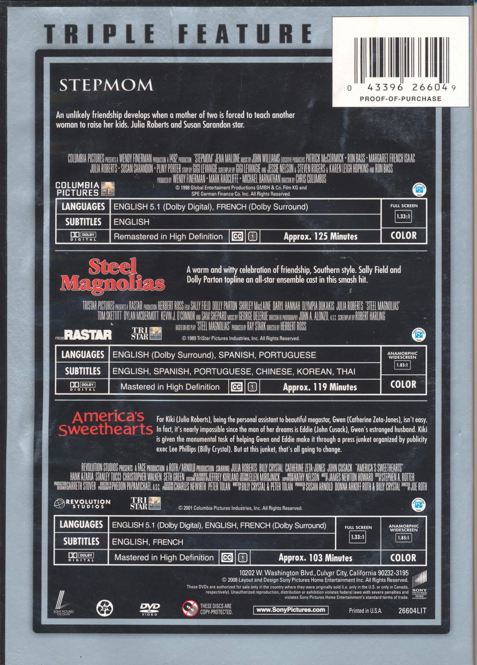 America's Sweethearts, Steel Magnolias (1989), and Stepmom - Classic Movie Collection DVD Set | Perfect for Family Movie Nights & Romantic Evenings