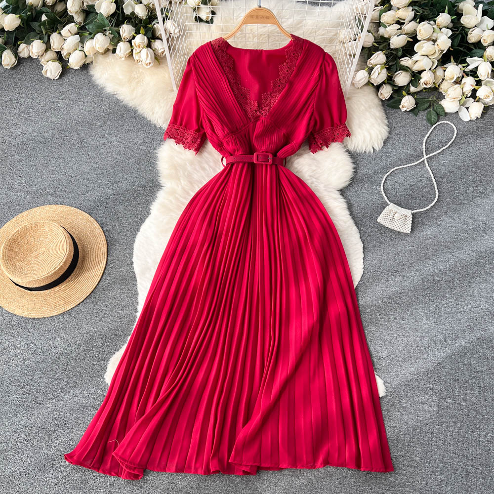 Lace V-Neck A-Line Dress for Women - Summer Short Sleeve Flowy Skirt - Perfect for Beach Vacations, Date Nights & Casual Outings