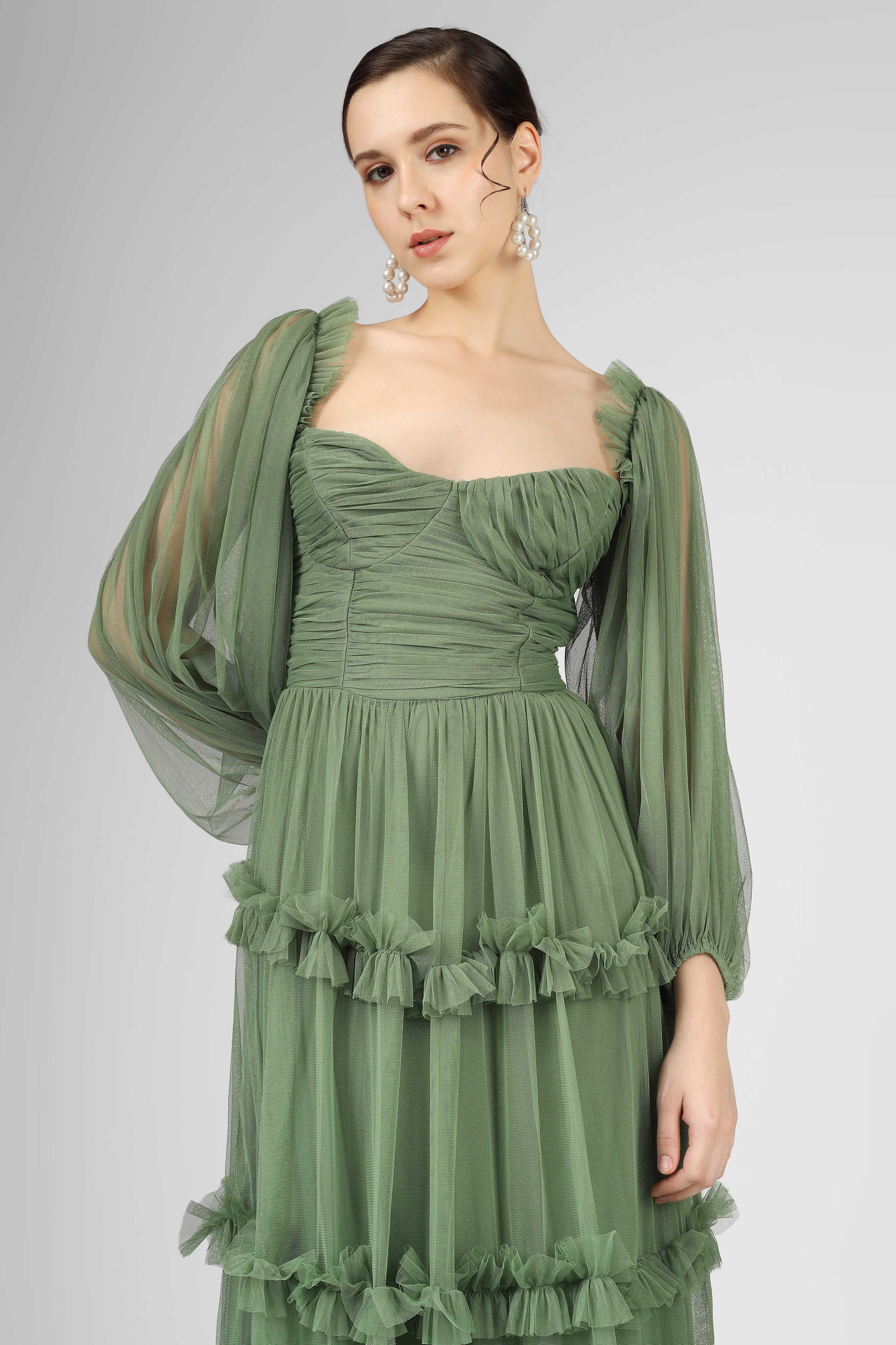 Rendi Olive Green Tulle Dress for Women - Elegant A-Line Party Gown with Flowy Skirt | Perfect for Weddings, Prom, Evening Events & Special Occasions