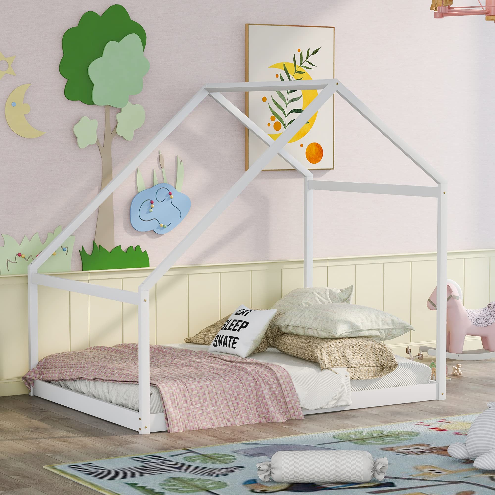 Wooden House Bed for Kids - Full Size White Bed Frame for Bedroom Decor