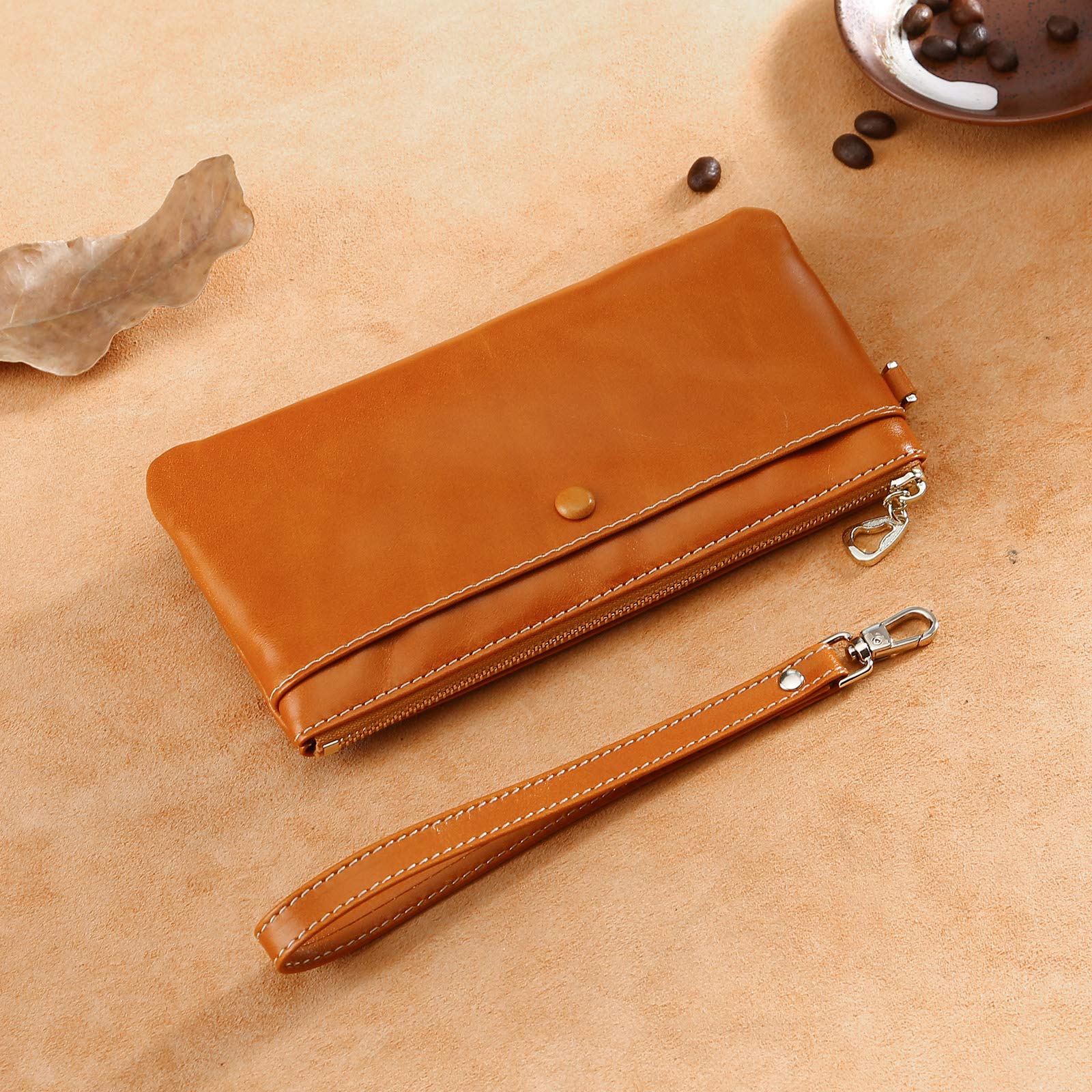 Women's Orange Leather Wristlet Clutch Wallet with Detachable Strap - Fashionable Crossbody Purse for Evening Parties, Shopping & Daily Use