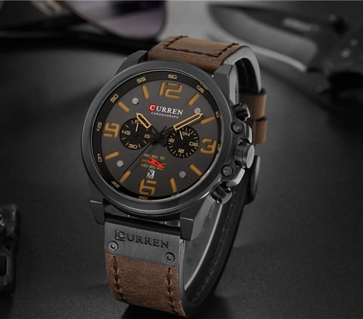 Gosasa Men's Military Chronograph Watch - Brown Leather Strap, Waterproof for Outdoor & Sports