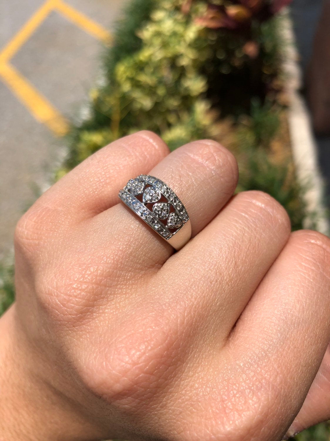 14K White Gold Diamond Heart Wide Wedding Band for Women - Elegant Bridal Ring for Engagement, Anniversary & Special Occasions