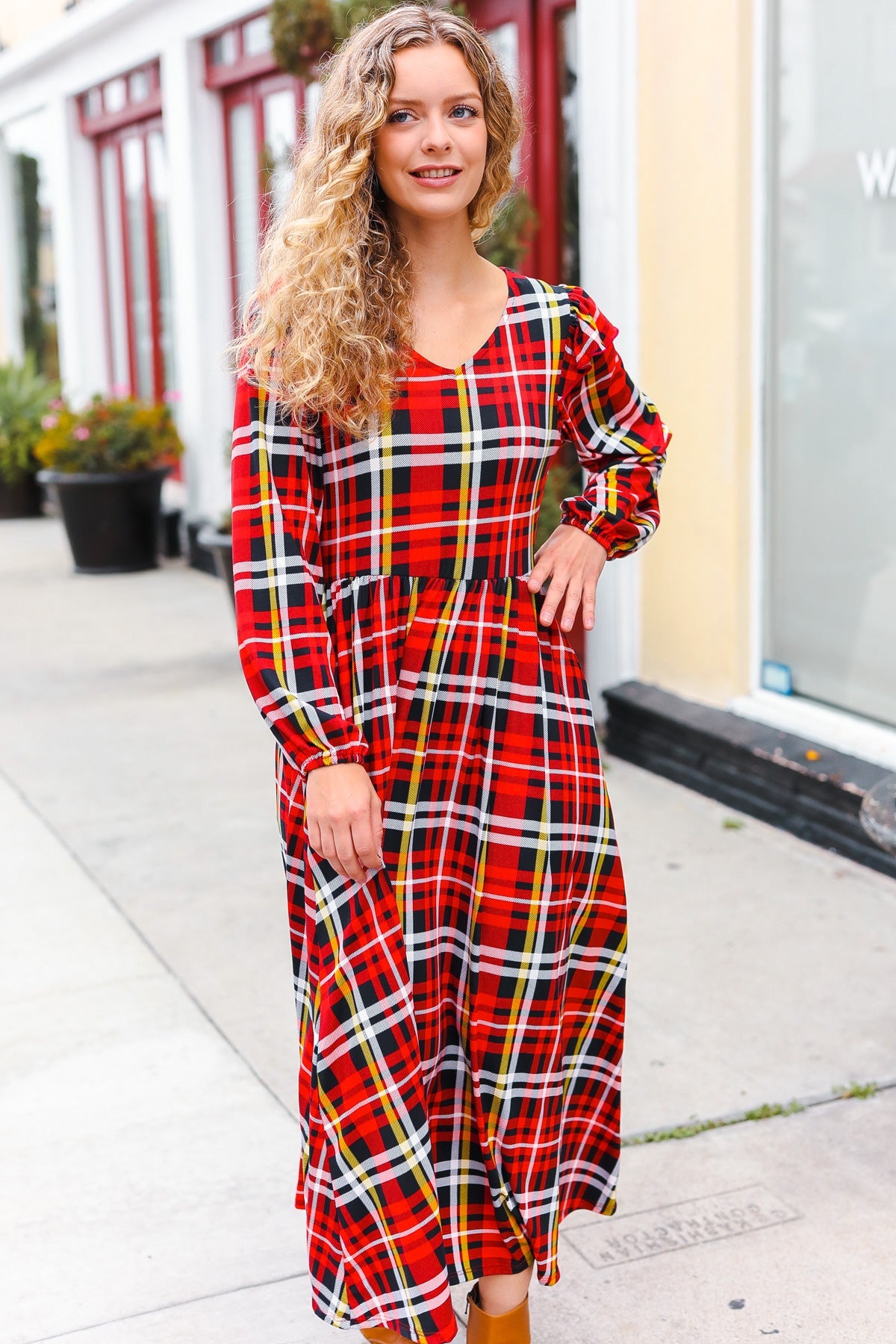 Stylish Red Plaid Fit & Flare Midi Dress with Ruffle Details - Perfect for Holiday Parties, Date Nights & Office Wear
