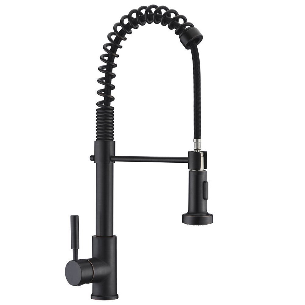 Single Handle Brass Kitchen Sink Faucet with Pull Down Sprayer in Oil Rubbed Bronze - Perfect for Modern Farmhouse & Industrial Style Kitchens