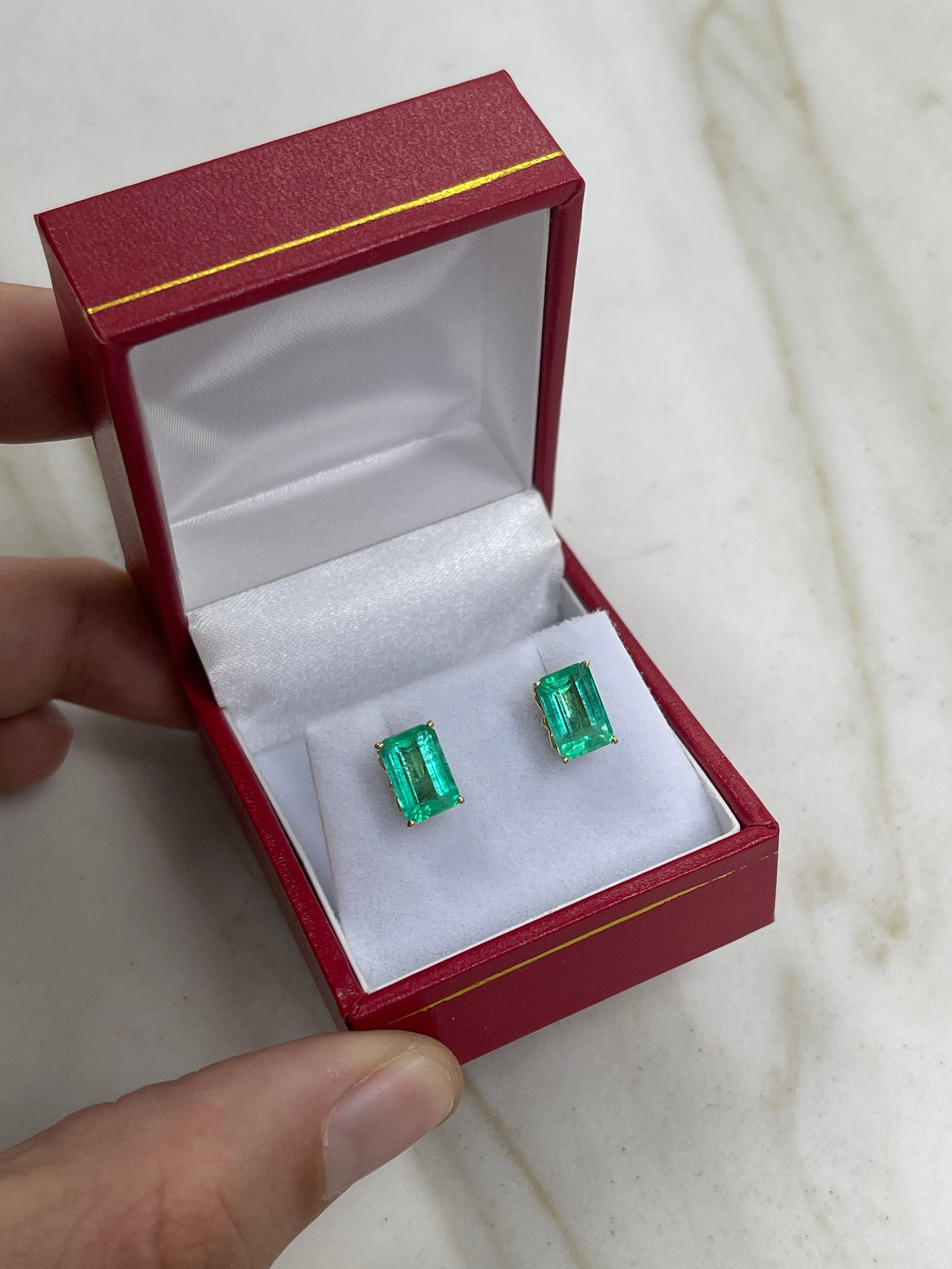 3.24tcw 14K Gold Fleur De Lis 4-Prong Emerald Cut May Birthstone Stud Earrings - Perfect for Mother's Day Gifts, Bridal Jewelry & Everyday Elegance