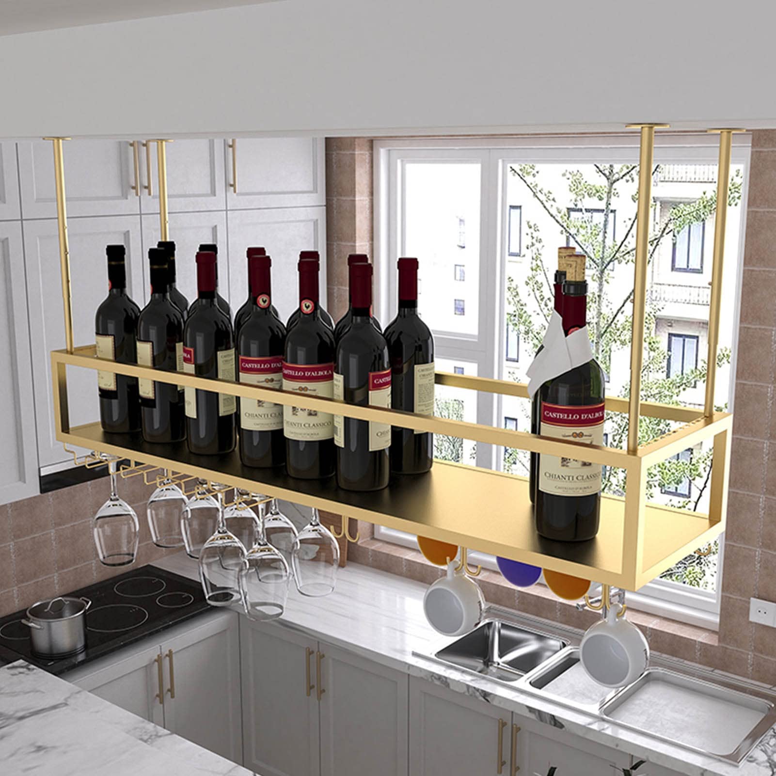 **Adjustable Metal Hanging Wine Glass Holder - 100x25x21cm Ceiling Mount Stemware Rack for Bars, Restaurants & Kitchens - Durable Wine Bottle Storage & Decorative Display for Home or Commercial Use**