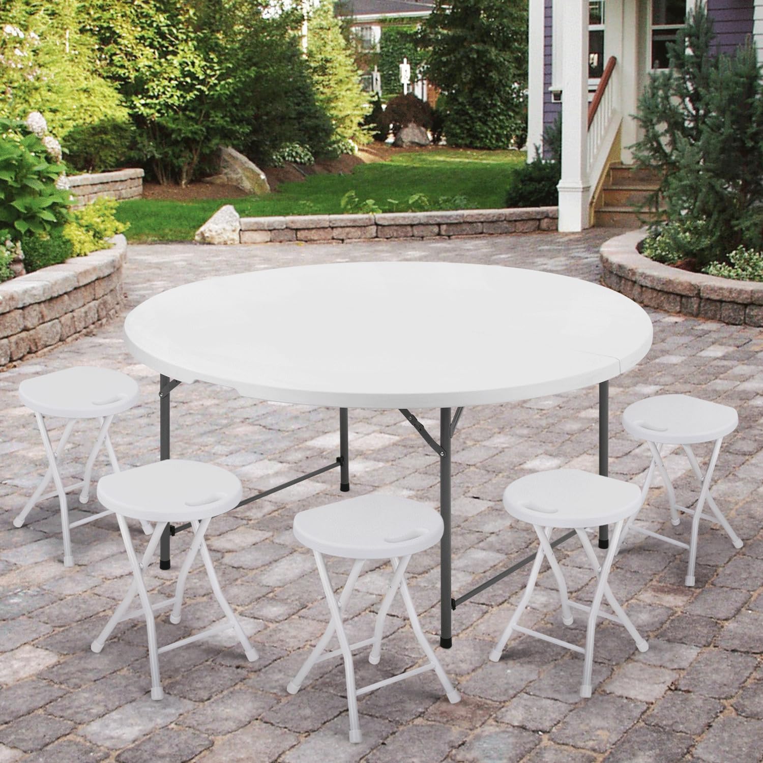 MoNiBloom 5Ft Round Folding Table - Indoor Outdoor Plastic Dining Card Table with Handle & Lock - Portable Picnic Party Banquet Wedding Table (White Top, Gray Legs) - Perfect for Backyard BBQs, Camping & Home Gatherings