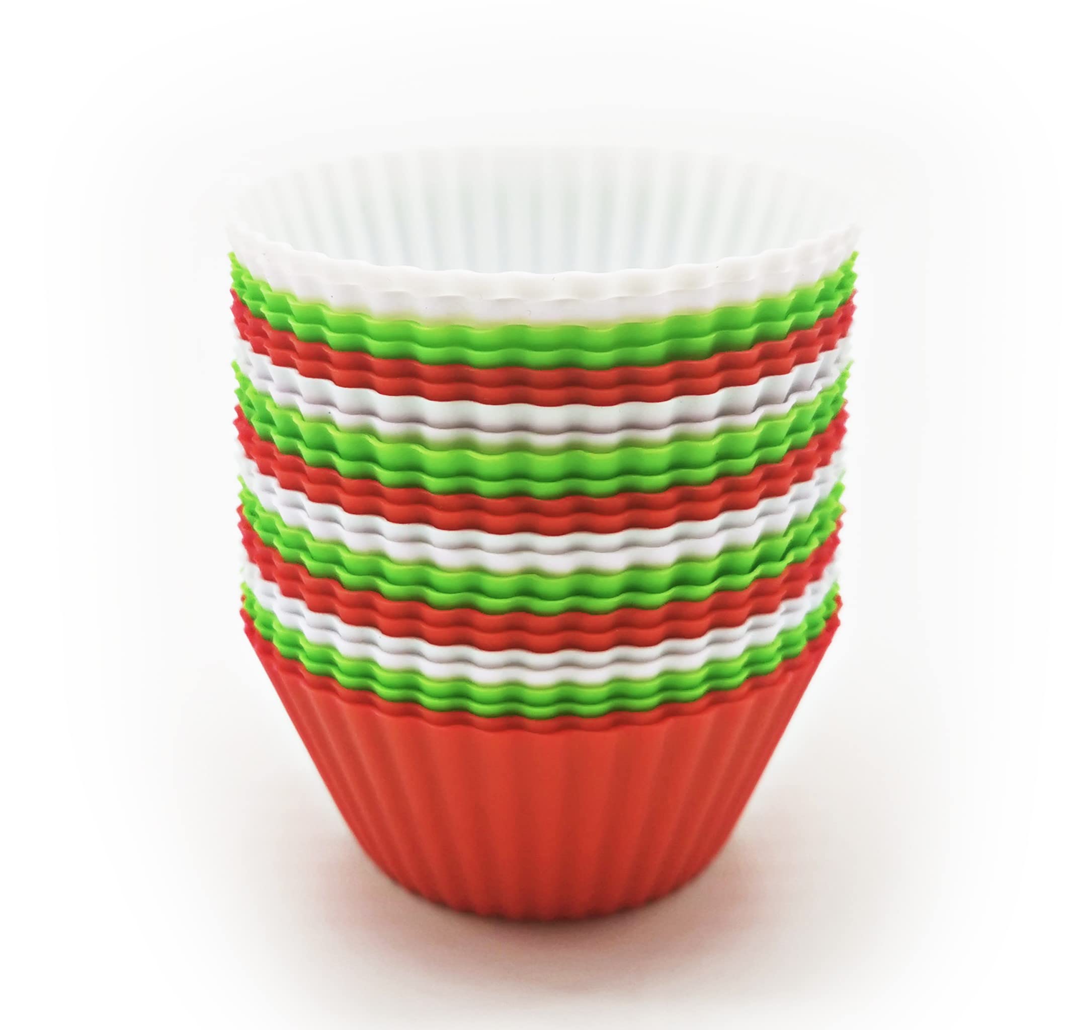 24-Pack Reusable Silicone Cupcake Baking Cups - BPA Free, Dishwasher Safe Muffin Liners in White, Red & Green | 100% Food Grade Premium Silicone for Baking, Party Desserts & Holiday Treats
