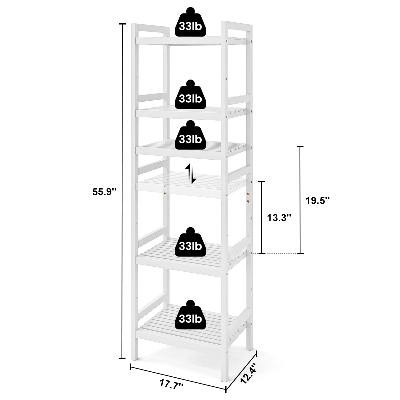 Homykic White Bamboo Over The Toilet Storage Shelf with 5-Tier Bathroom Organizer - Space Saving Bathroom Storage Solution for Small Spaces, Toilet Paper Holder & Towel Rack
