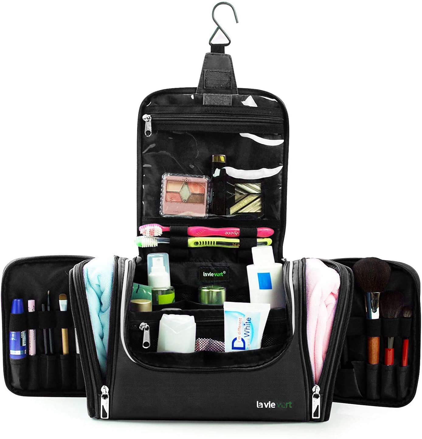 LAVIEVERT Hanging Toiletry Bag for Travel - Waterproof Makeup Organizer & Cosmetic Storage Pouch, Portable Bathroom Essentials Holder for Business Trips, Vacations, Home Use (Black) | Perfect for Airplane Carry-on, Gym, Camping & Daily Organization