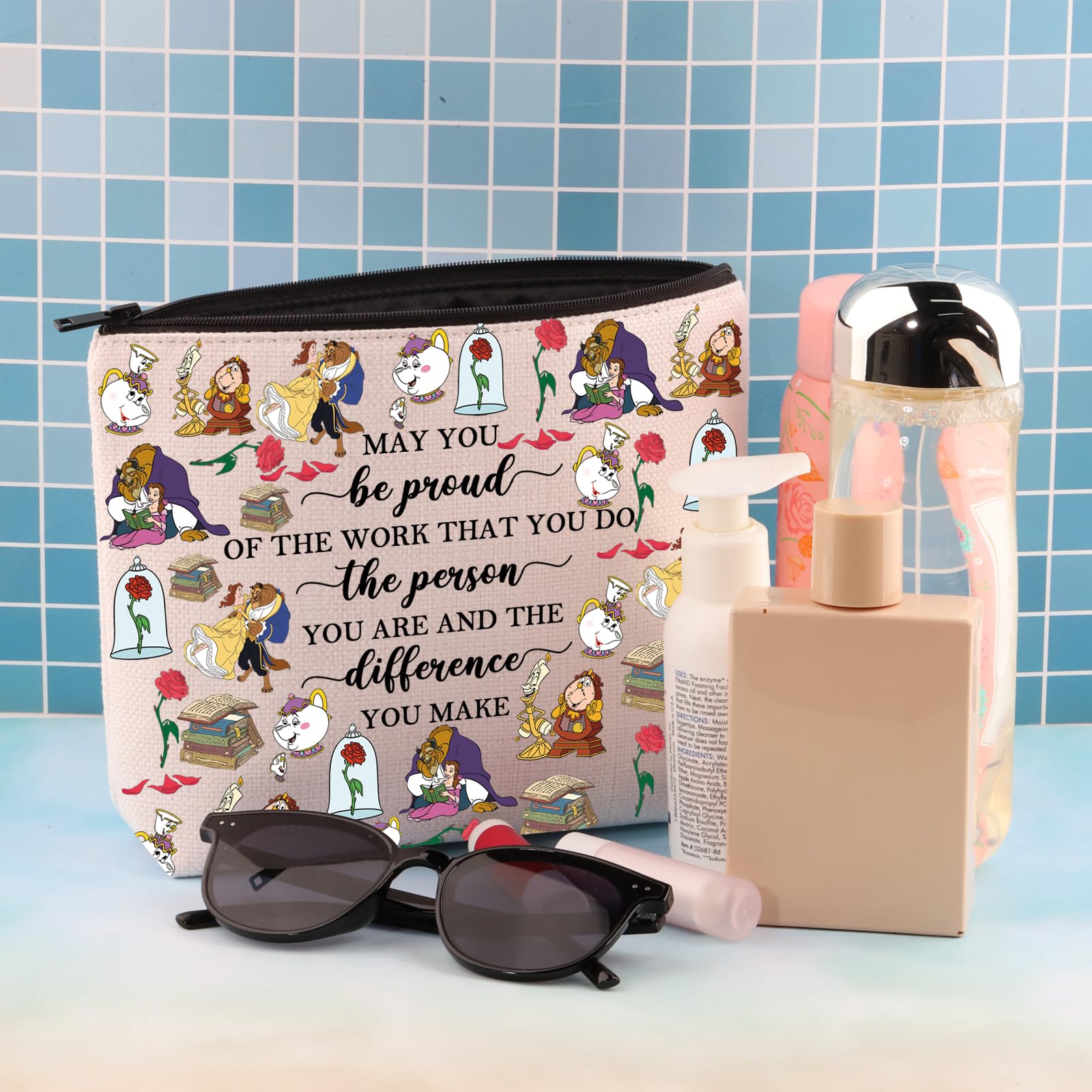 Disney Princess Belle Inspired Makeup Bag - Motivational Quote 'May You Be Proud' Beauty Travel Cosmetic Pouch - Perfect Gift for Women, Girls & Disney Fans (Be Proud Beauty Bag) - Ideal for Travel, Work & Daily Makeup Organization