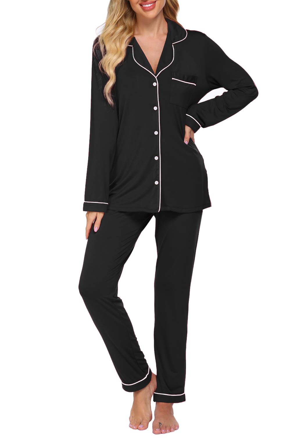 Women's Soft Long Sleeve Button Down Pajama Set - Comfy Sleepwear & Lounge Pjs for Relaxing at Home, Travel or Gift Giving