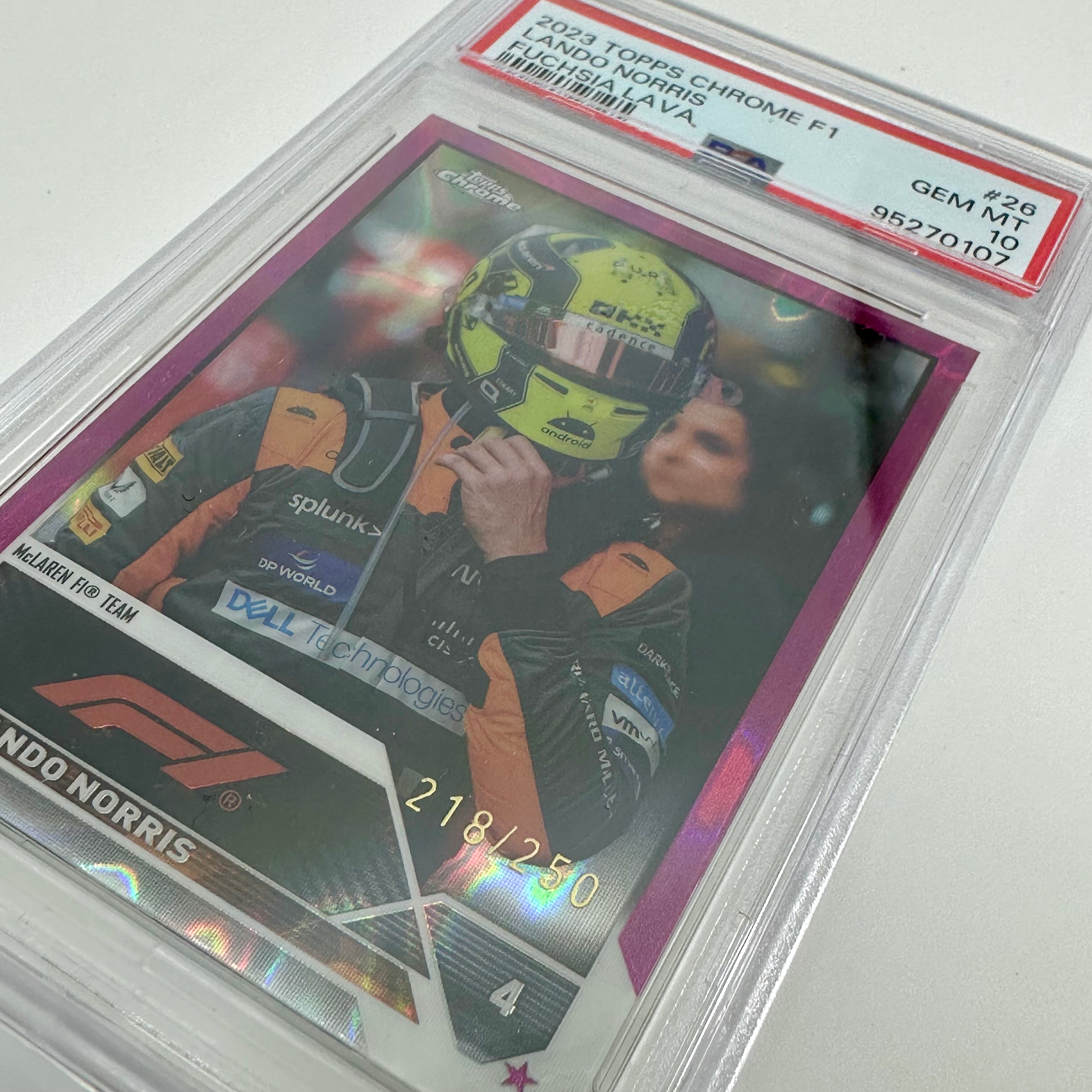 2023 Topps Chrome Fuchsia Lava Lando Norris #26 PSA 10 218/250 - Rare Racing Collectible Card for F1 Fans & Sports Memorabilia Enthusiasts