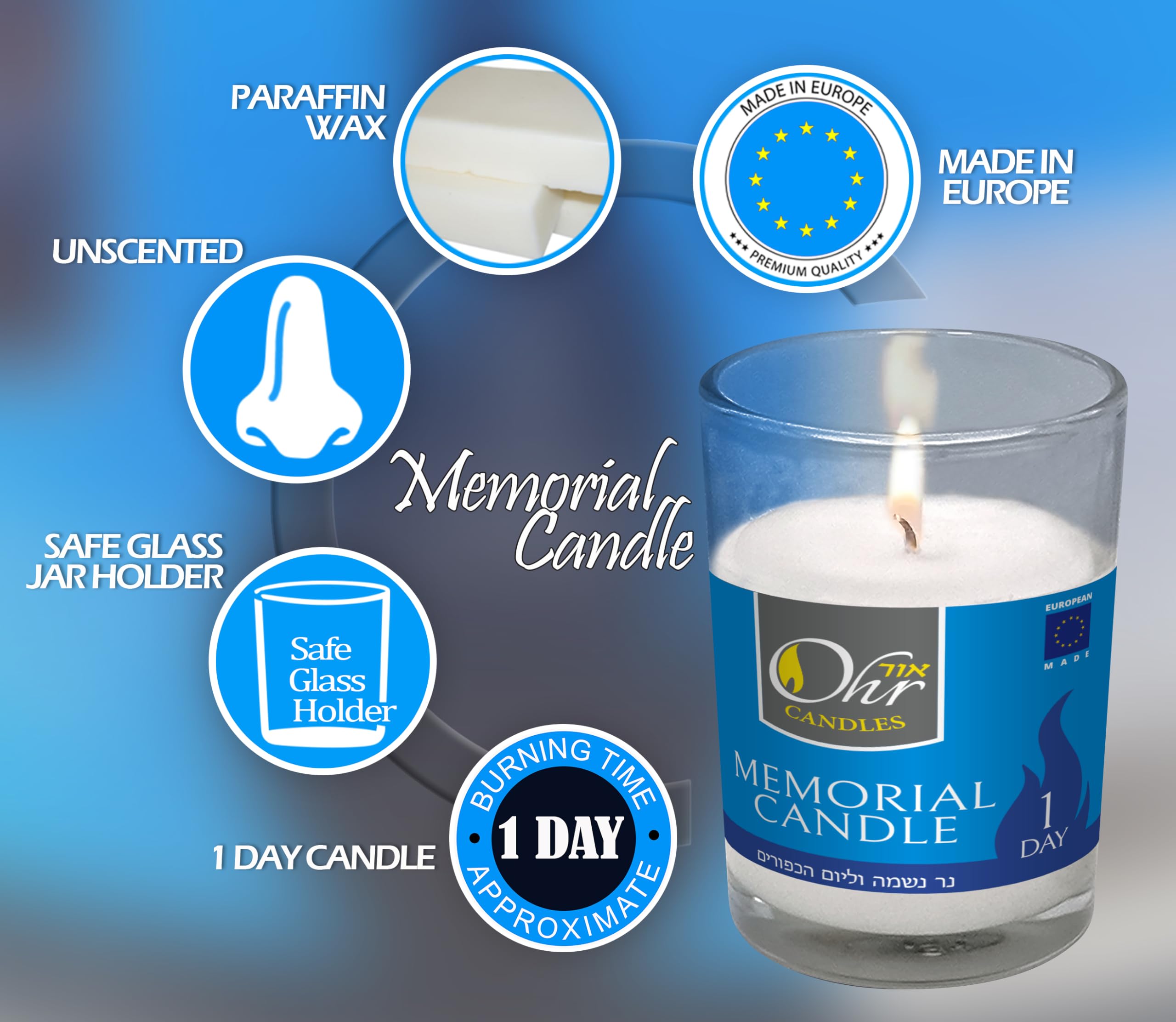 Yahrzeit Memorial Candles - 24 Pack of 24-Hour Jewish Memorial Candles in Glass Tumblers for Yom Kippur, Remembrance & Religious Ceremonies - Long-Lasting 1-Day Ohr Candles for Home Synagogue Use
