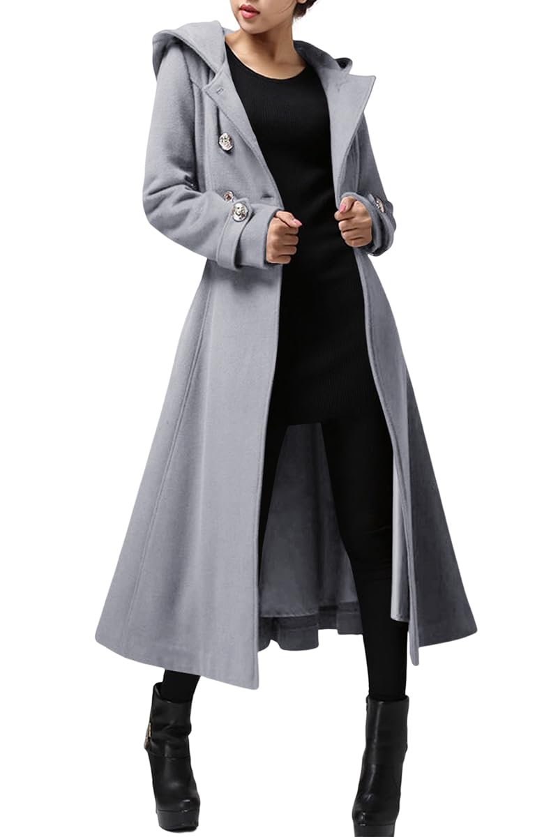 Cicy Bell Women's Long Double-Breasted Hooded Winter Wool Trench Coat with Belt - Warm Fashion Outerwear for Cold Weather & Office Style