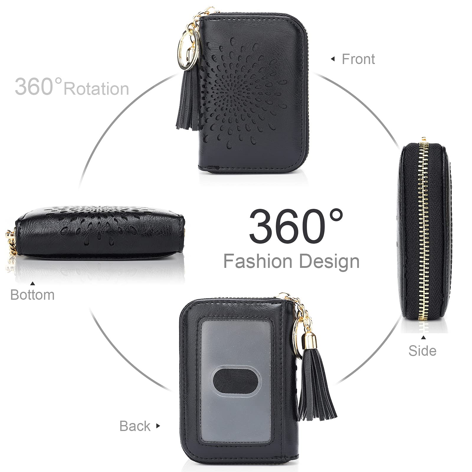 APHISON RFID Blocking Credit Card Holder - Slim Zipper Card Case with Keychain, Small Wallet for Women (Black) - Perfect for Travel, Work & Everyday Use