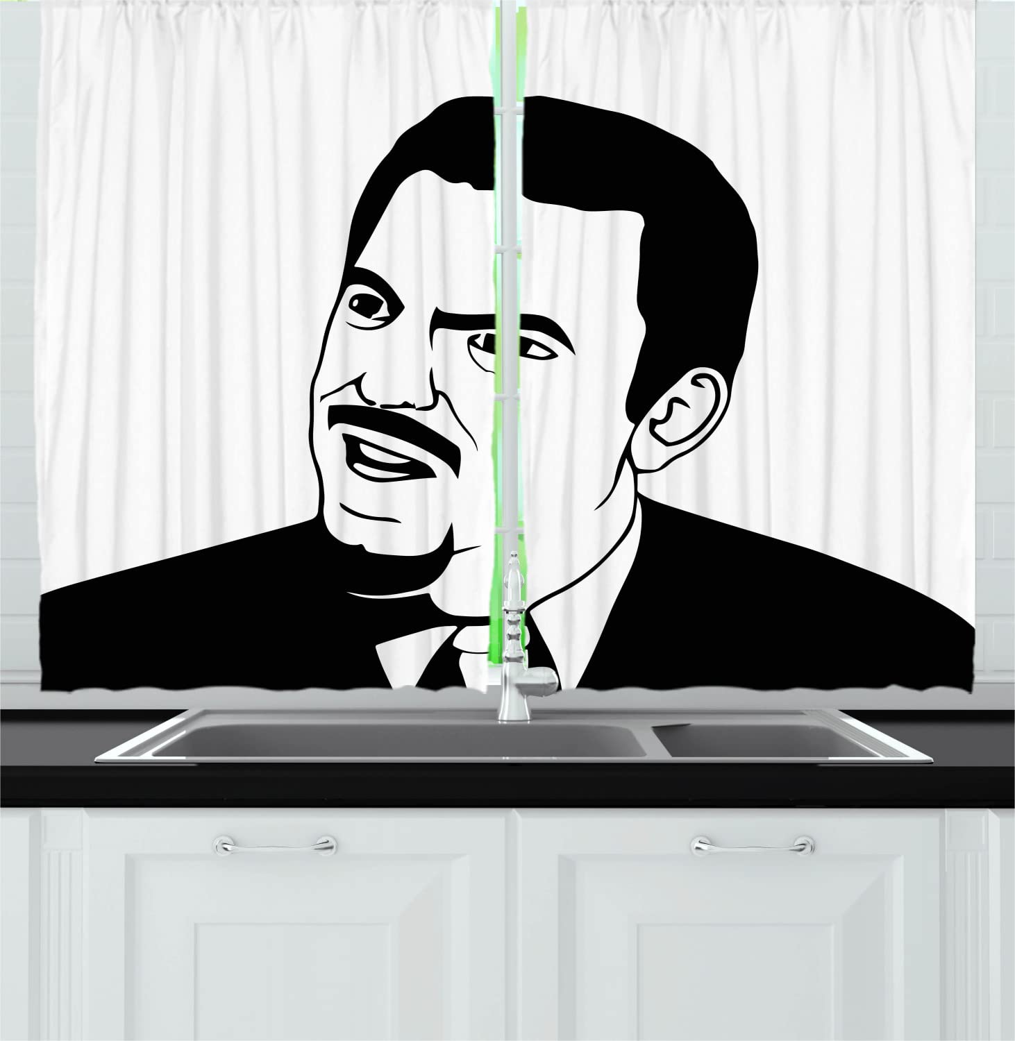 Ambesonne Humor Long Kitchen Curtains - Monochrome Retro Man Rage Comics Print, Expressive Emotions Illustration, 2 Panel Drapes with Rod Pocket, 55x45 Inches, Black & White - Perfect for Retro Kitchen Decor, Dining Room, or Comic-Themed Living Spaces