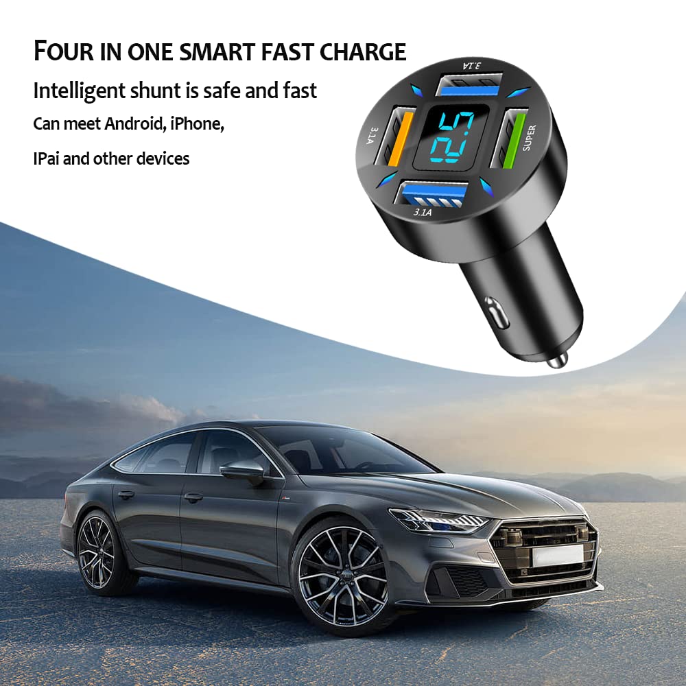 Turcee 66W Fast Car Charger with Voltmeter - 4-Port USB Car Charger Adapter for iPhone, Samsung, Android - Quick Charge for Road Trips, Commuting & Travel Accessories