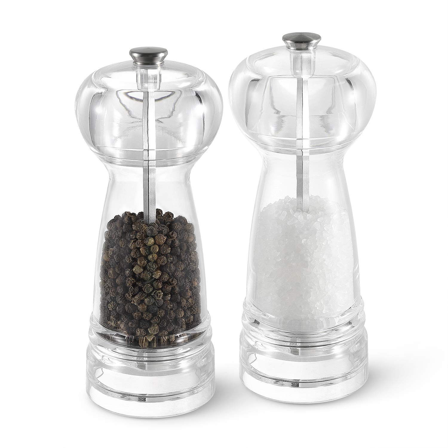 Premium Clear Acrylic Salt and Pepper Grinder Set - 2 Pack Refillable Transparent Mill with Adjustable Ceramic Grinder for Coarse to Fine Seasoning - Perfect for Kitchen, Dining Table & Outdoor BBQ