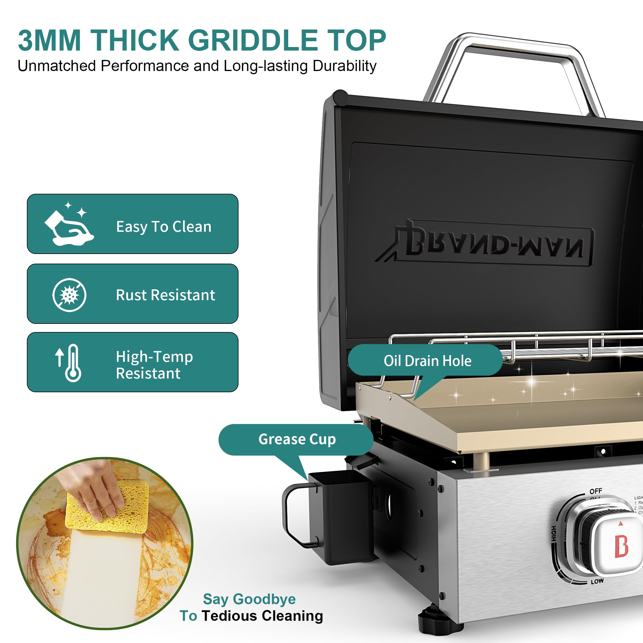 Brand-Man 2-Burner 18,000 BTU Portable Propane Griddle with Lid - Flat Top Gas Grill with Warming Rack & Adapter Hose - Perfect for Outdoor Cooking, Camping, Tailgating, Backyard BBQs & Picnics