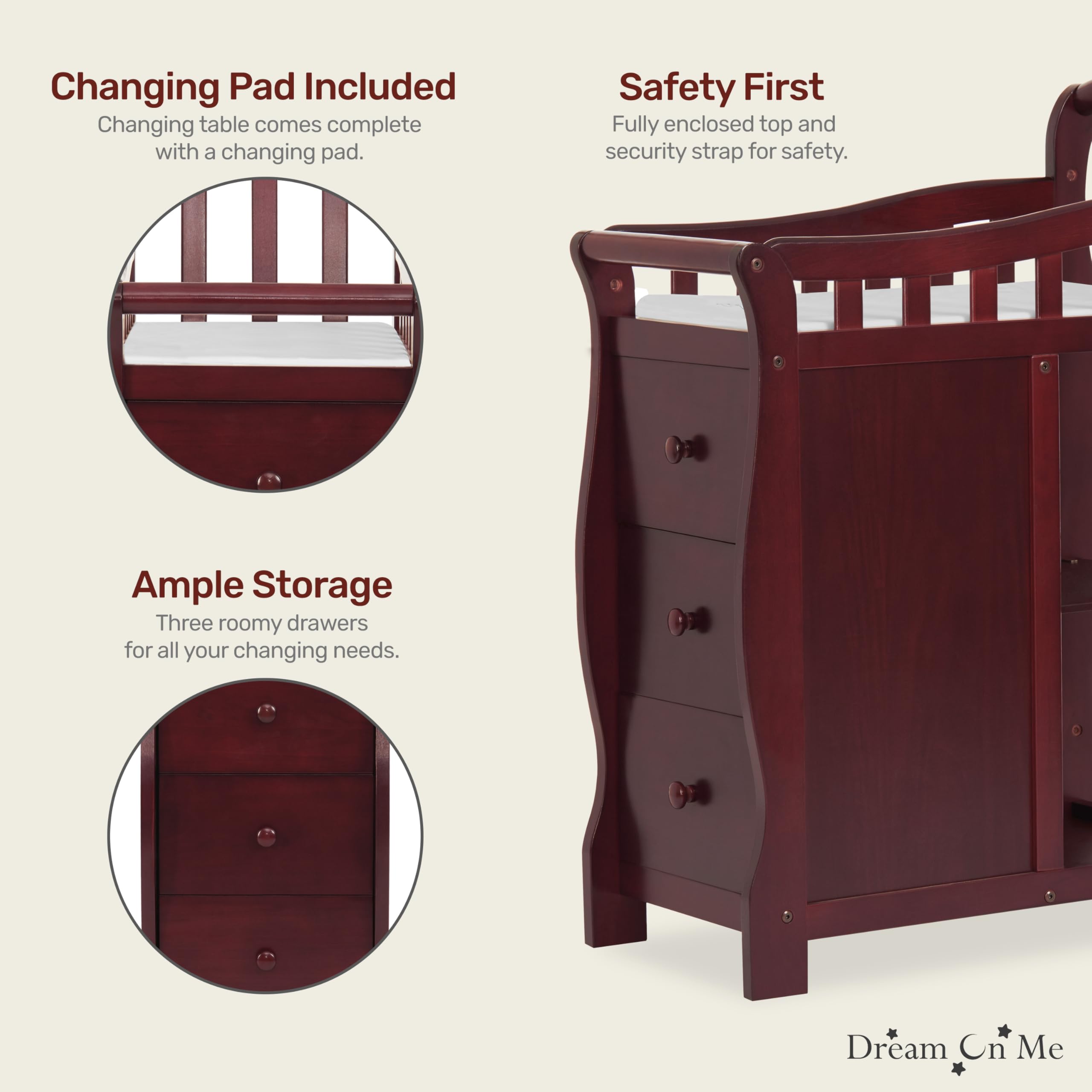Dream On Me Casco 3-in-1 Convertible Mini Crib with Changing Table - Cherry Finish Pinewood Baby Crib with 3 Adjustable Mattress Heights | Nursery, Bedroom & Small Space Solution