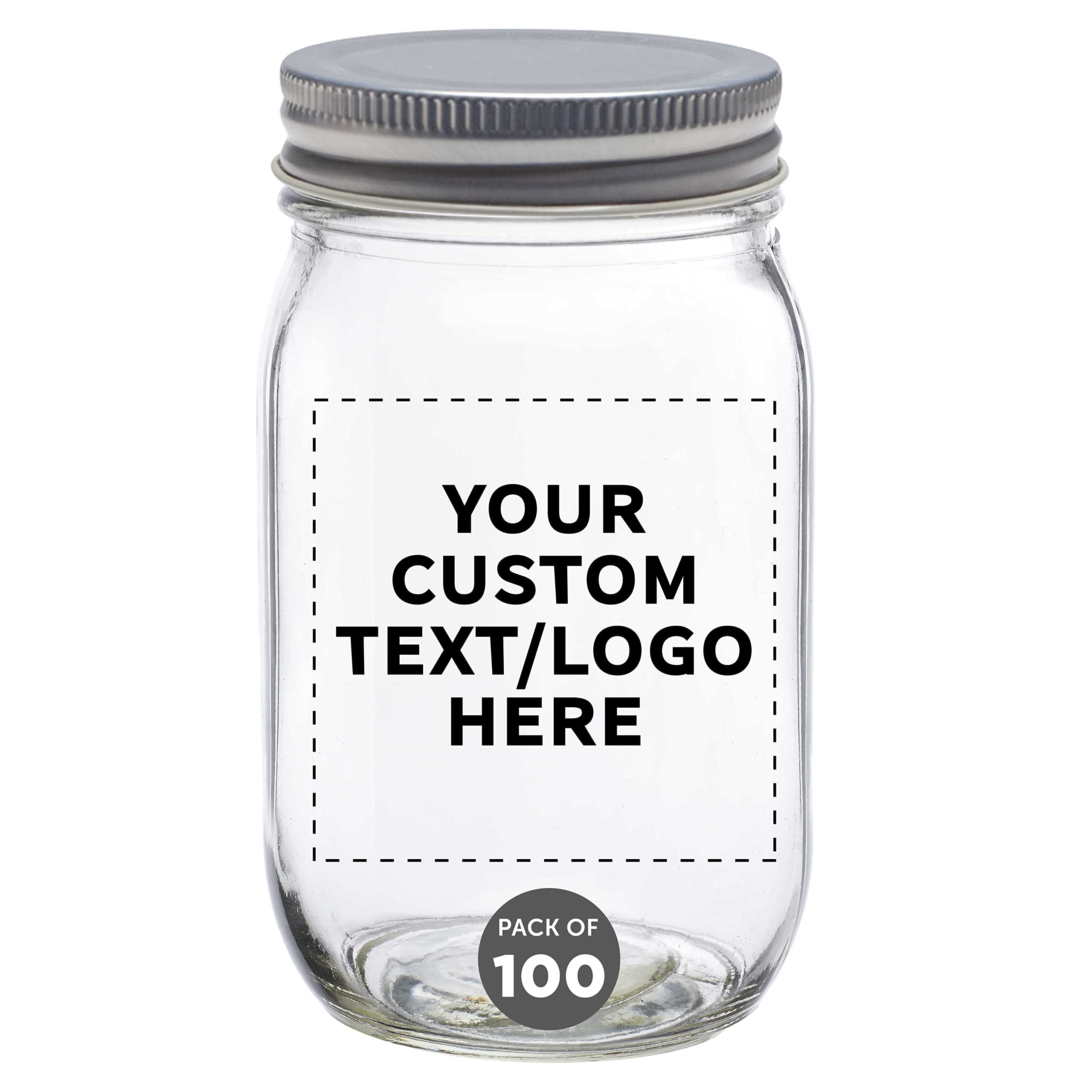 100-Pack 16oz Custom Mason Jars with Lids - Bulk Glass Jars for Overnight Oats, Candies, Pickles, Spices & Beverages - Personalized Storage Containers for Kitchen, Pantry & Gift Packaging