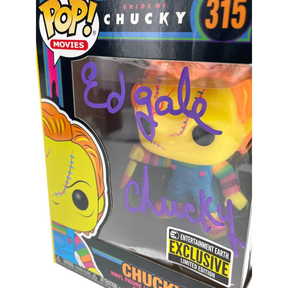 Chucky Funko Pop #315 Neon Autographed - Signed by Ed Gale, Alex Vincent & Edan Gross with JSA COA - Horror Movie Collectible for Fans & Display