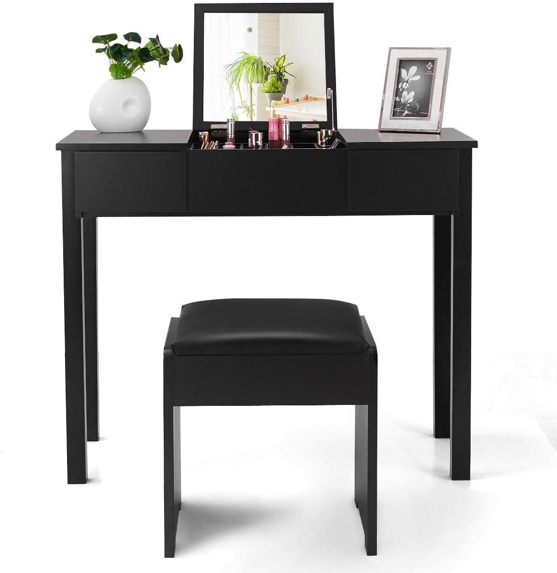 ReunionG Vanity Flip Top Mirror - Solid Wood Dressing Table & Writing Desk with Cushioned Stool Set, 2 Storage Drawers for Makeup Organizers | Bedroom, Bathroom Vanity Set for Women | Modern Black Makeup Table for Small Spaces