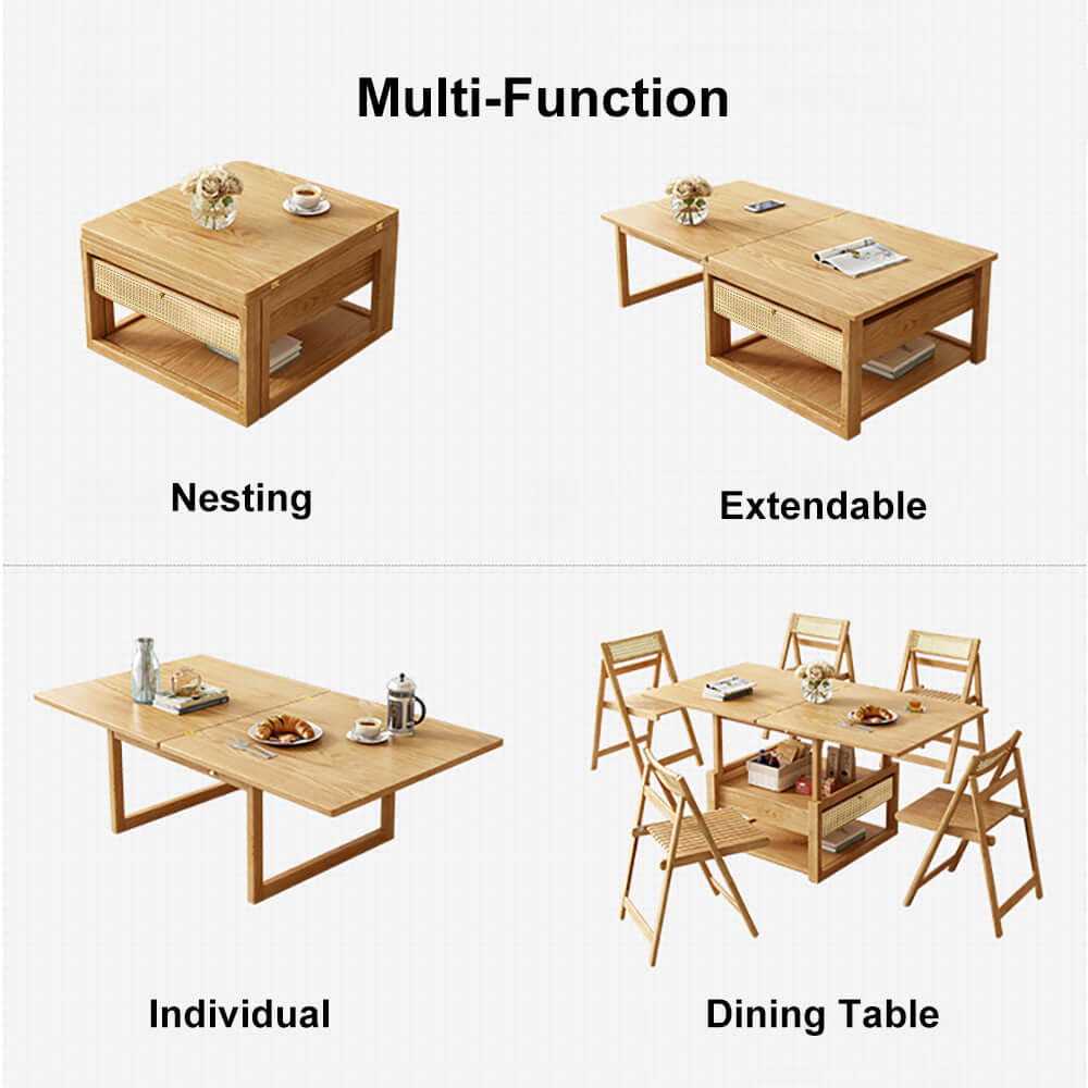 Modern Japandi Style Wooden Folding Coffee Table Set with Rattan Nesting Accent - Space-Saving Dining Table for Small Living Rooms, Apartments & Outdoor Patios