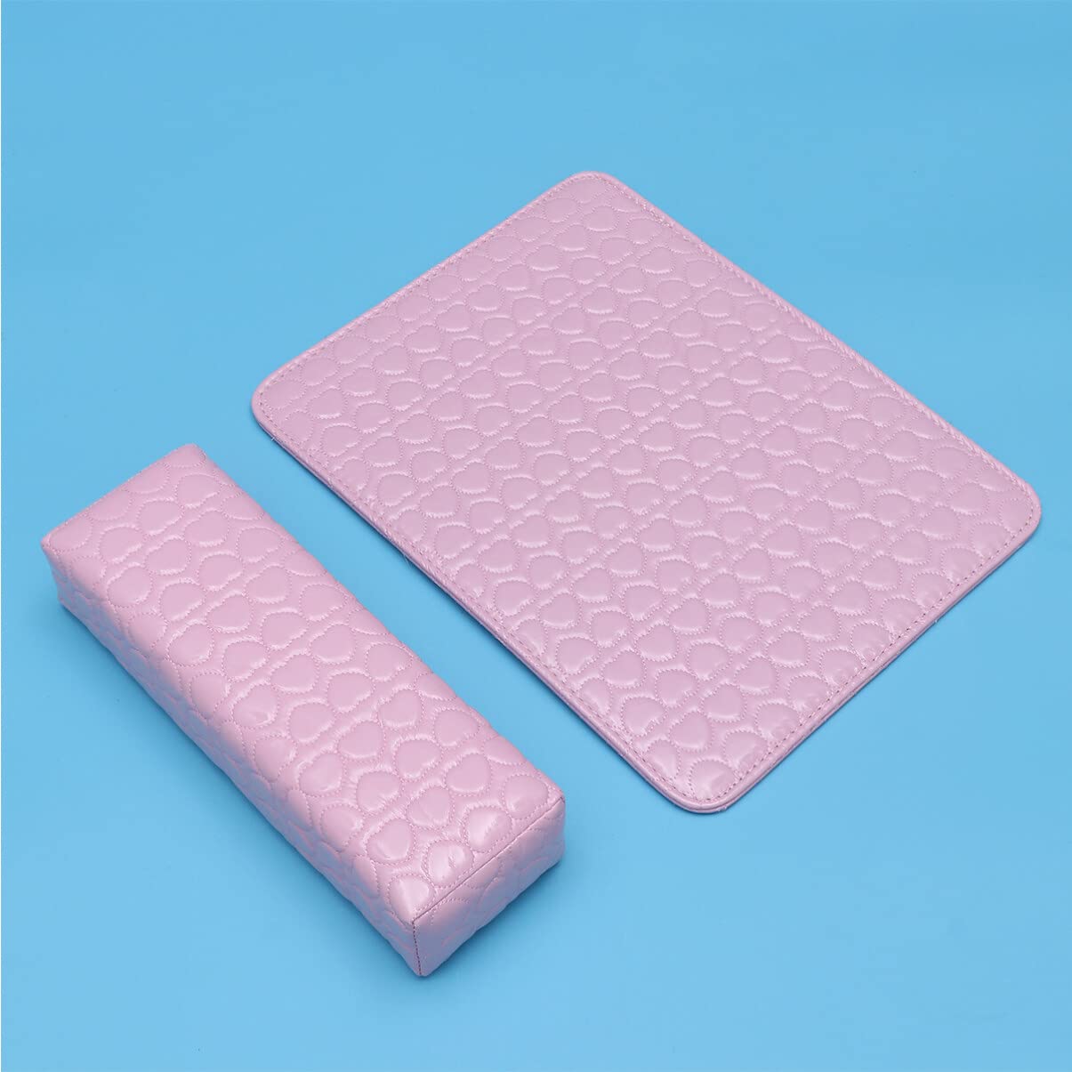 Uonlytech Pink Nail Mat - Leather Desk Mat with Heart Pattern, Detachable Manicure Wrist Rest & Hand Pillow Cushion for Salon - Perfect for Nail Technicians, Home Manicures, and Office Workspace Comfort