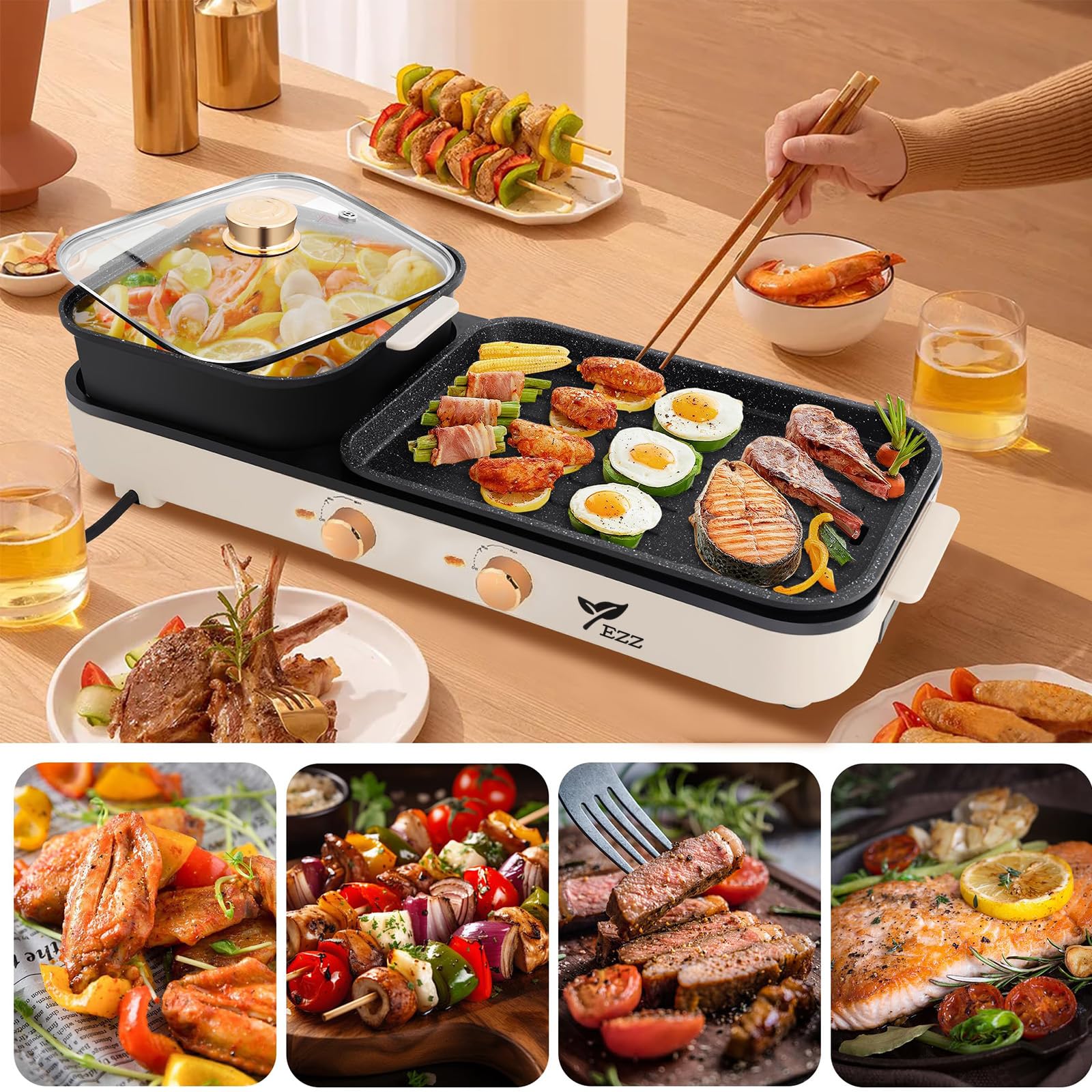 2-in-1 Electric Hot Pot & Grill with Dual Temperature Control - Smokeless Shabu Shabu & Korean BBQ for 2-10 People - Indoor Multi-Function Cooker for Family Gatherings, Dinner Parties & Cozy Meals (Beige)