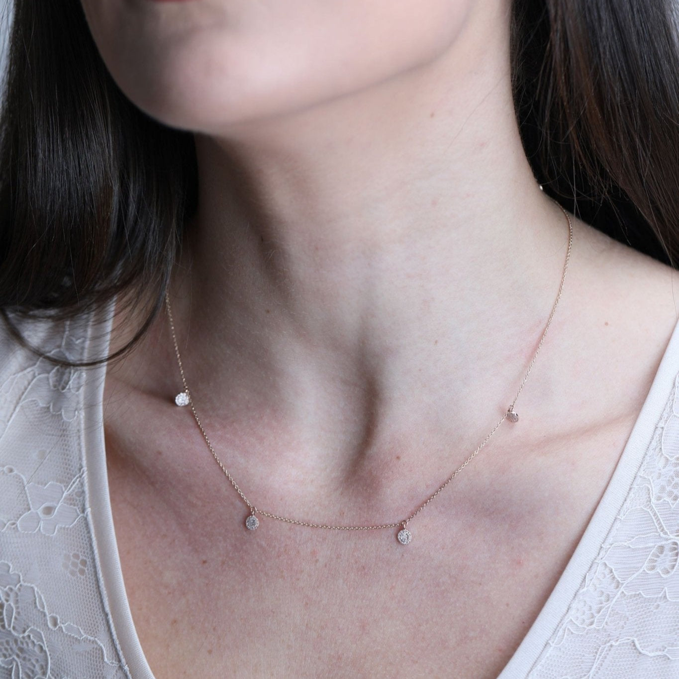 14K Solid Rose Gold Diamond Station Chain Necklace for Women - Elegant Layering Piece for Everyday Wear, Special Occasions & Gift Giving