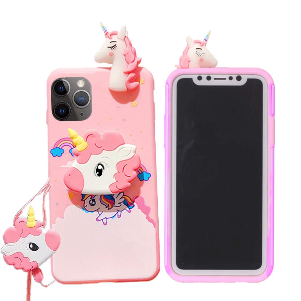 Unicorn iPhone 12 Pro Max Case 6.7 Inch with String Rope & Kickstand - 3D Cartoon Cute Elastic Protective Cover for Kids Girls Women - Perfect for School, Work & Daily Use (Pink)