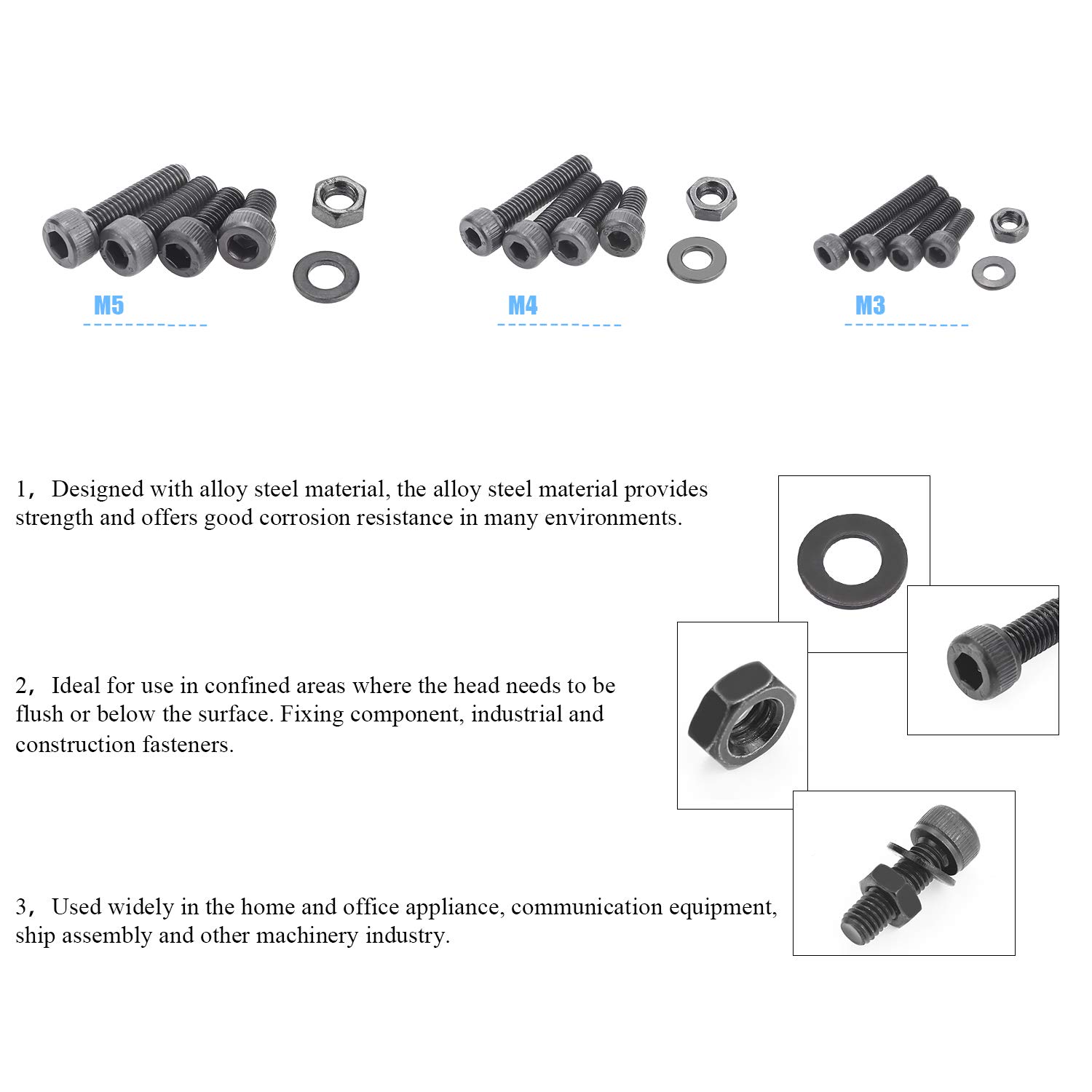 DYWISHKEY 500pcs M3-M5 12.9 Alloy Steel Hex Bolt Nut Kit with Wrenches for DIY & Repair