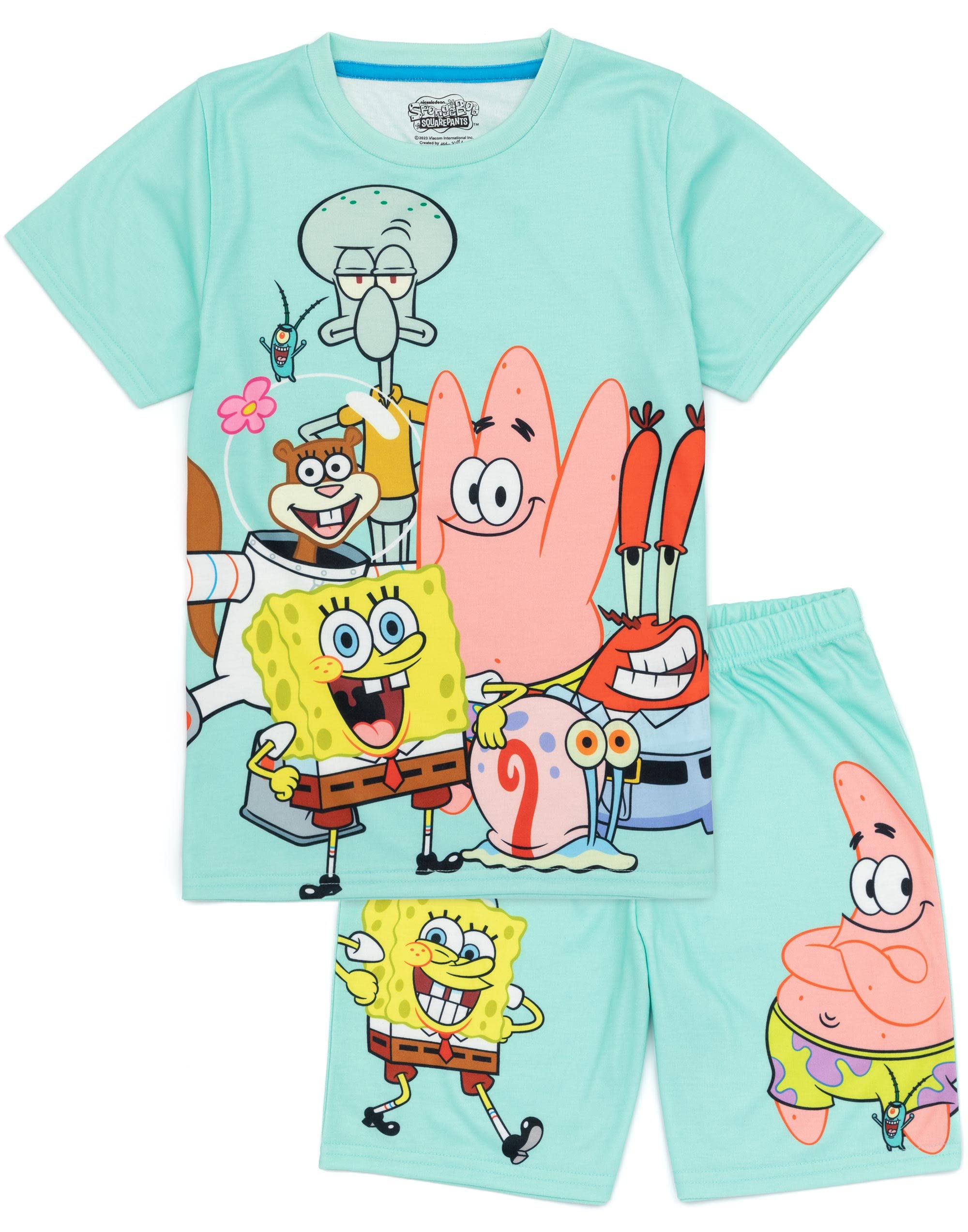 SpongeBob SquarePants Kids Pajama Set - Blue Short Sleeve T-Shirt & Shorts PJs for Boys & Girls | Squidward Patrick Mr Krabs Gary Characters | Soft Cotton Loungewear for Sleepovers & Movie Nights | Official SpongeBob TV Show Merchandise Gift