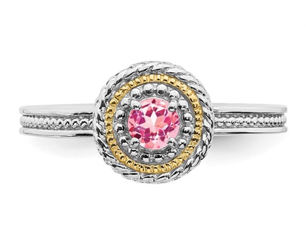 1/4 Carat (ctw) Pink Tourmaline Sterling Silver Ring with 14K Gold Accents - Elegant Jewelry for Women, Perfect for Valentine's Day, Anniversary & Special Occasions