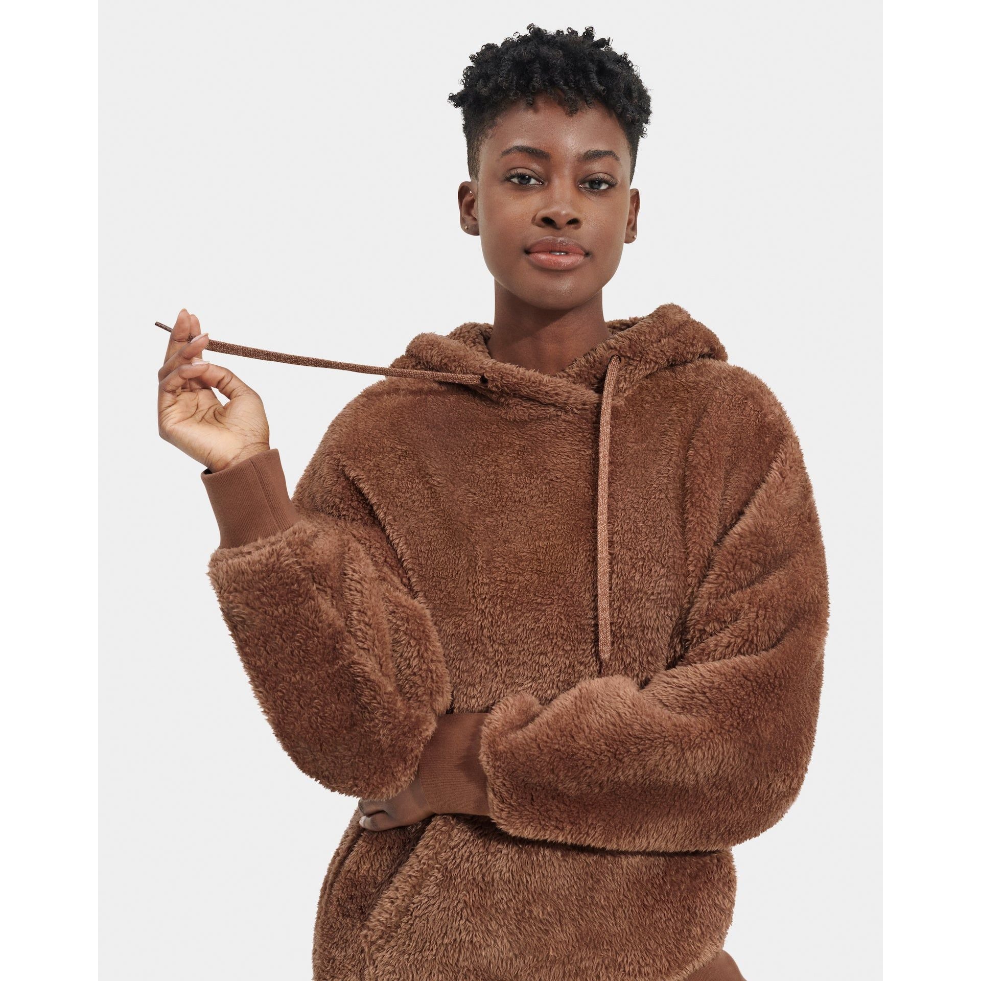 UGG Women's Loyra Sherpa Hoodie - Cozy Fleece-Lined Winter Jacket with Hood in Cedar Bark Color | Perfect for Cold Weather & Outdoor Activities