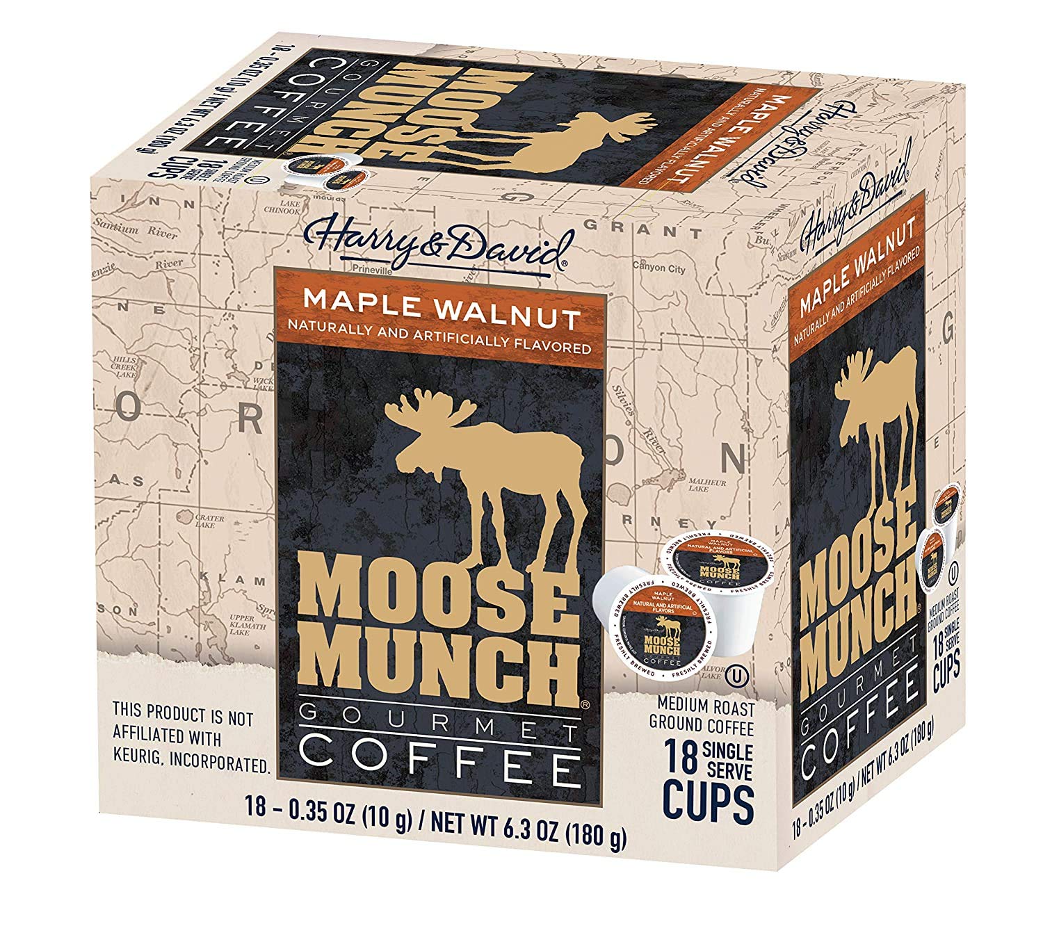 Harry & David Moose Munch Gourmet Coffee - 18 Single Serve Cups (Maple Walnut Flavor) | Hot & Cold Beverage for Office, Home & Gifts | Premium Coffee Pods for Keurig Machines